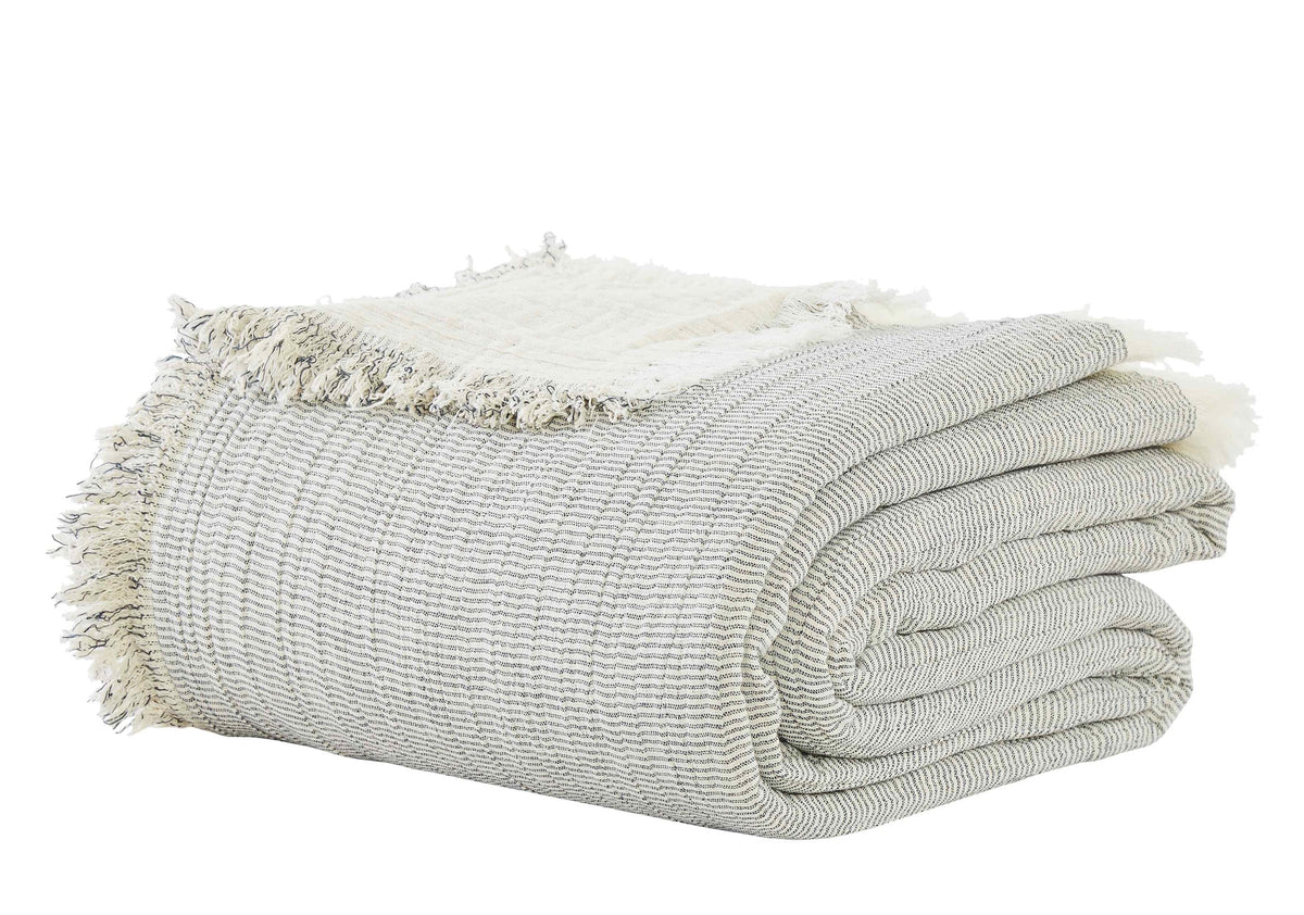 BT-113-11096_4|Folded light gray and white striped textured blanket with fringed edges, revealing its soft fabric and pattern.