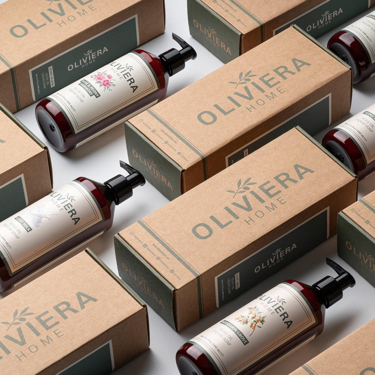 Oliviera Home liquid hand soaps and boxes