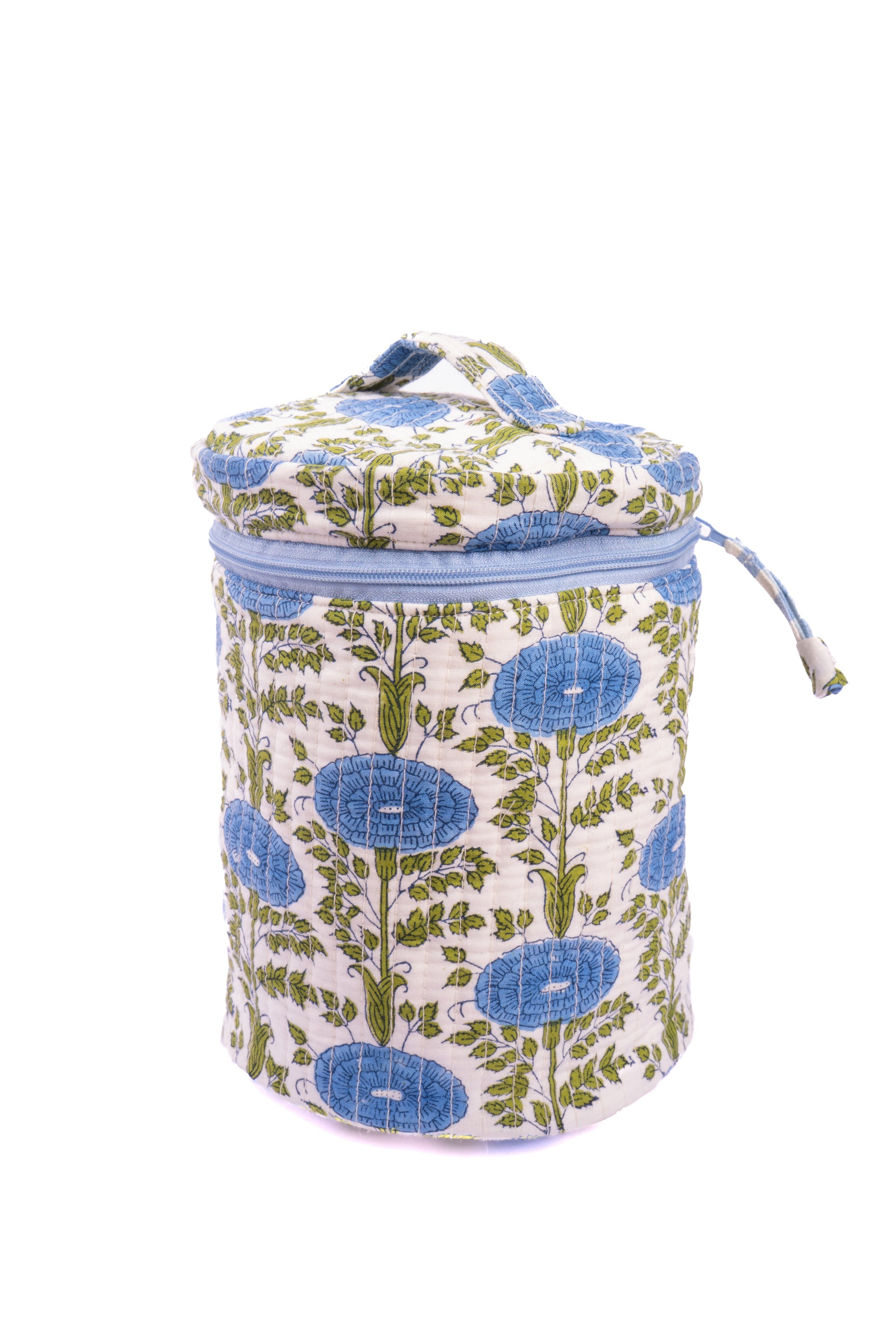Blue araminta blockprint round upright makeup bag with zipper