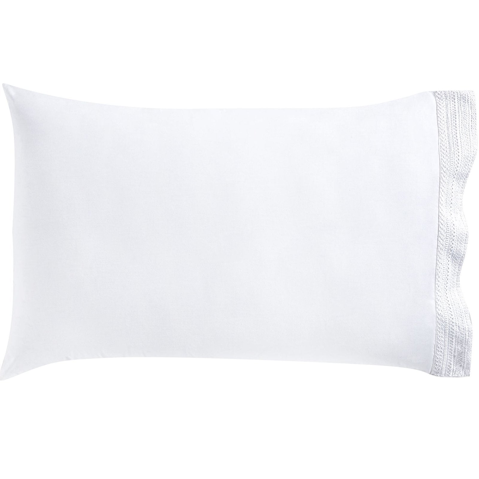 ASP-520-2032_1|Luxurious white 100% cotton pillow sham with elegant embroidered lace edge, perfect for sophisticated bed decor.