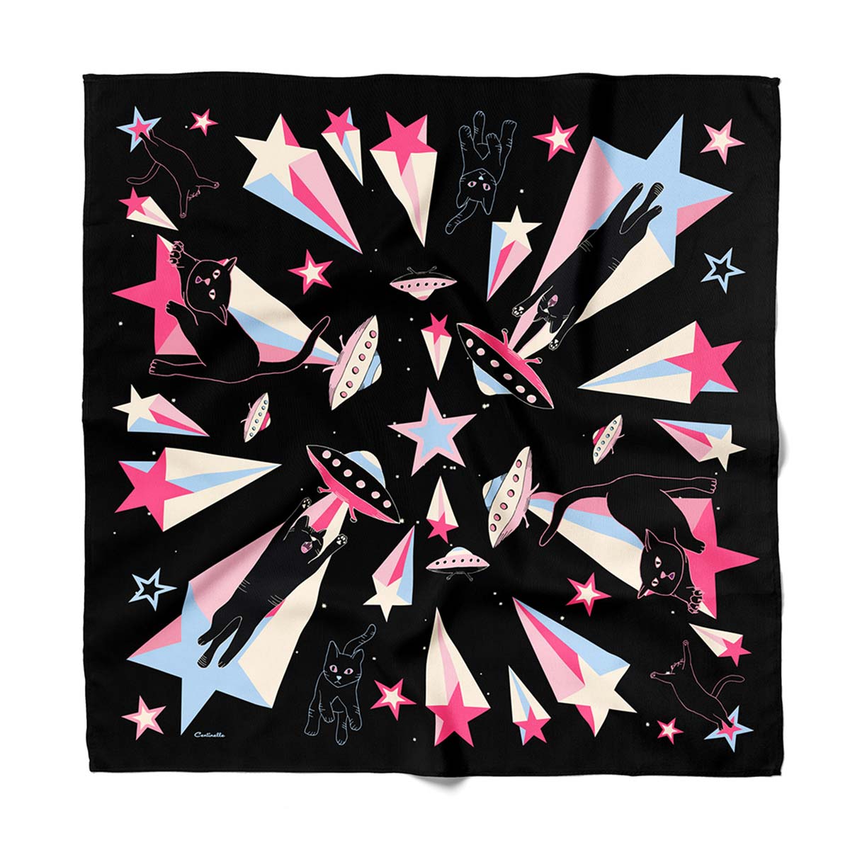 Neon stars and black cats on folded black cotton silk blend  bandana.