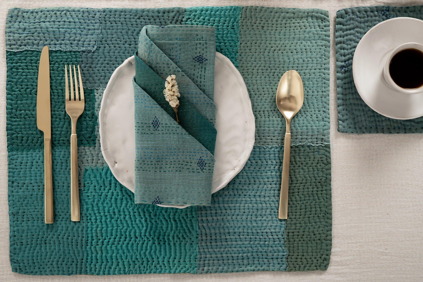S/2 Mosaic Fray Patch Vintage Kantha Placemat - Cornflower