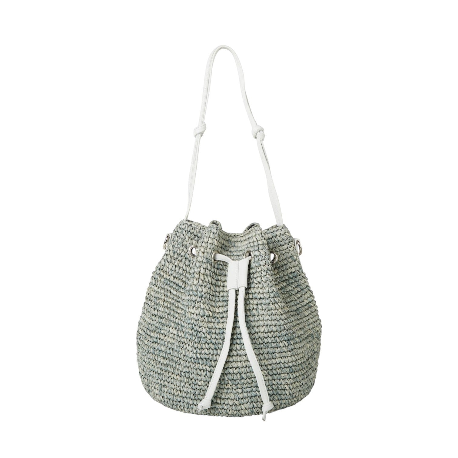 Shop Sarah Stewart The Jane raffia bucket bag with white leather trim and straps. Features adjustable drawstring closure and interior pockets.