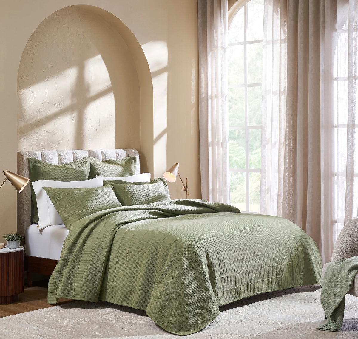 CL-270-9496_1|Modern bedroom featuring a sage green textured cotton blend coverlet on a queen bed, creating a serene ambiance.
