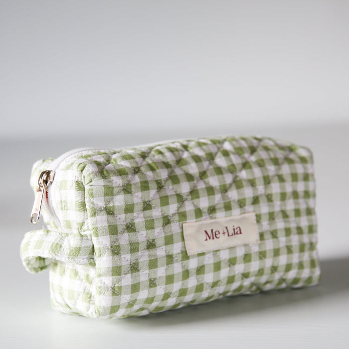 Gingham Matcha Make-up Pouch Small — green gingham quilted cotton pouch with open zip and contrast lining