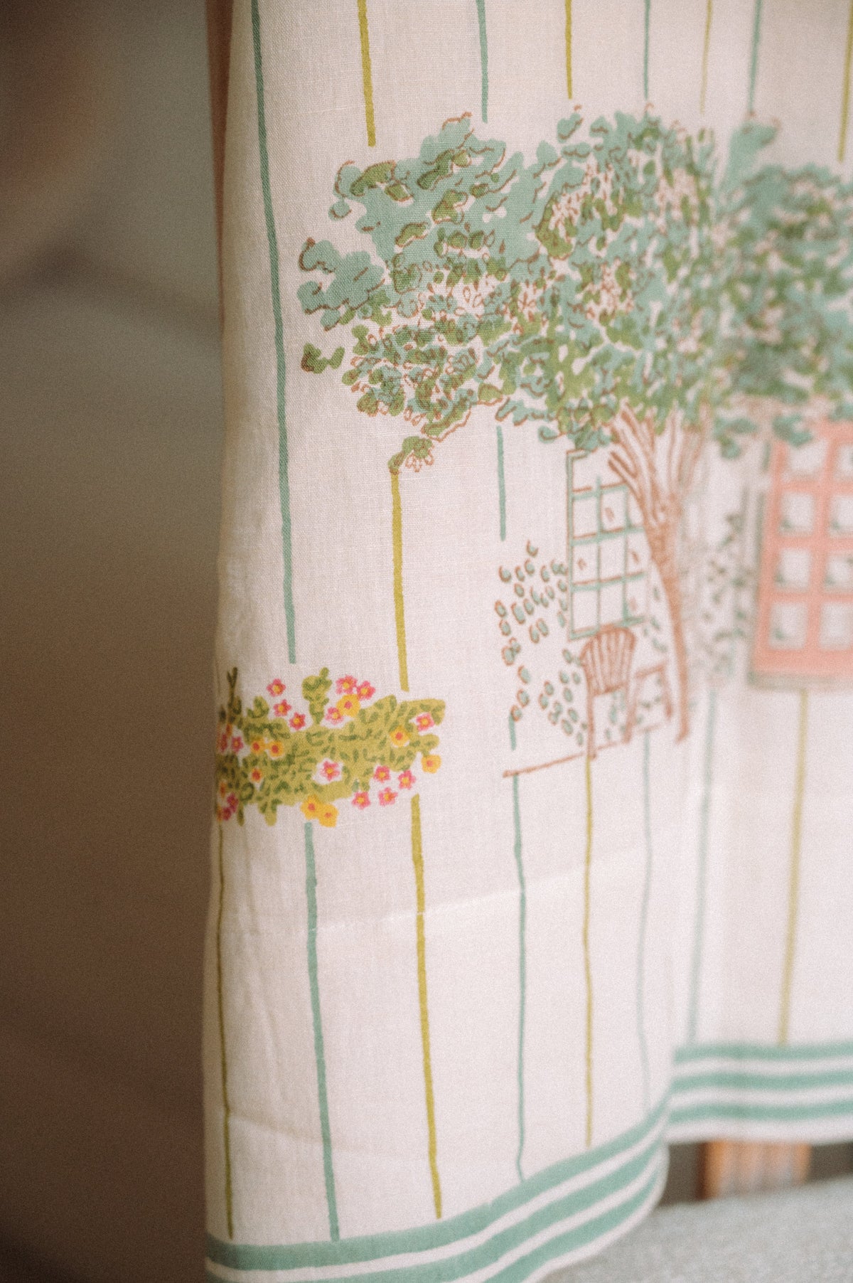 Hand-block printed Street View curtains on white  cotton-linen fabric, perfect for Bedroom/Living Room decor.