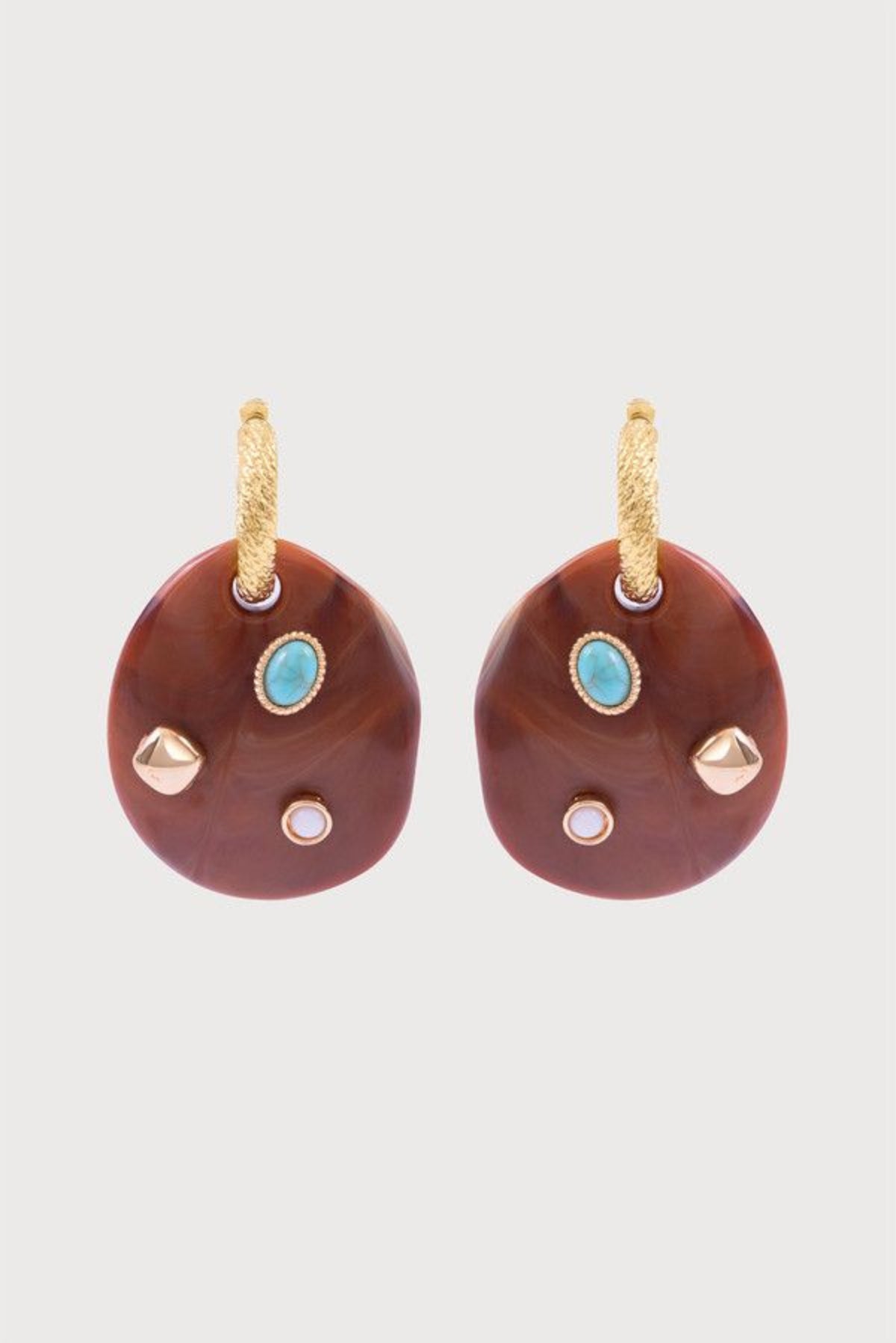 Stone-Studded Wood Disc Drop Earrings - BROWN