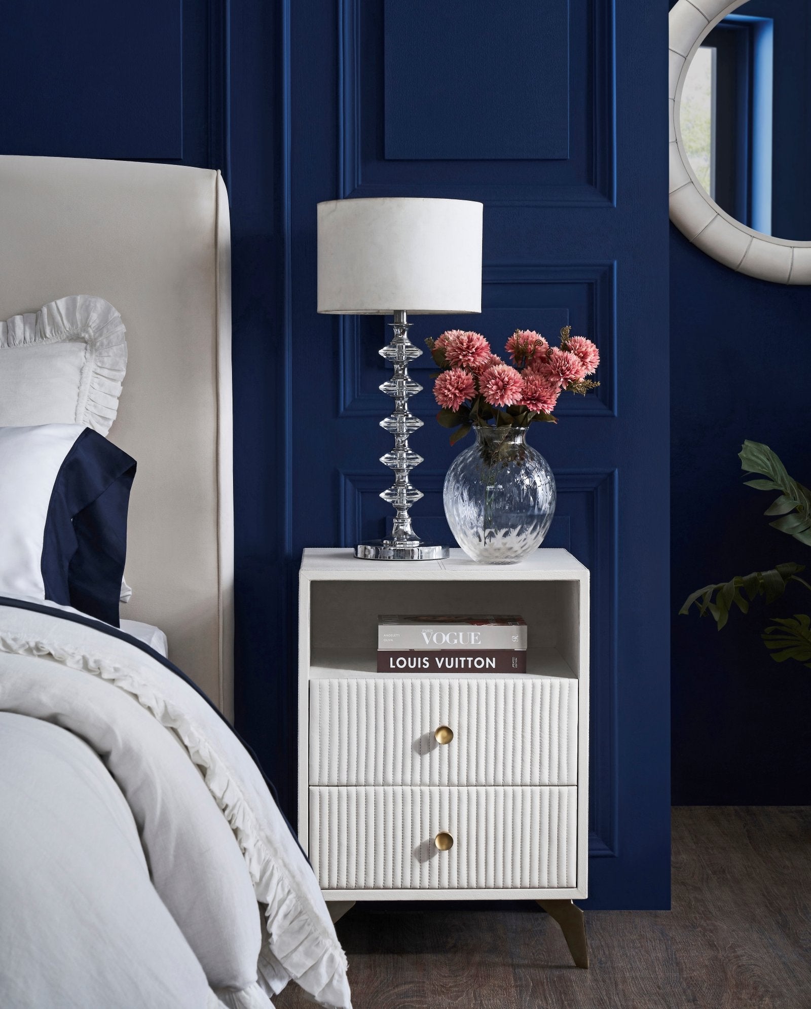 FN-5203-201828_2|Luxurious white leather nightstand featuring modern channel-tufted drawers and elegant gold-finished knob pulls. Ideal for bedroom.