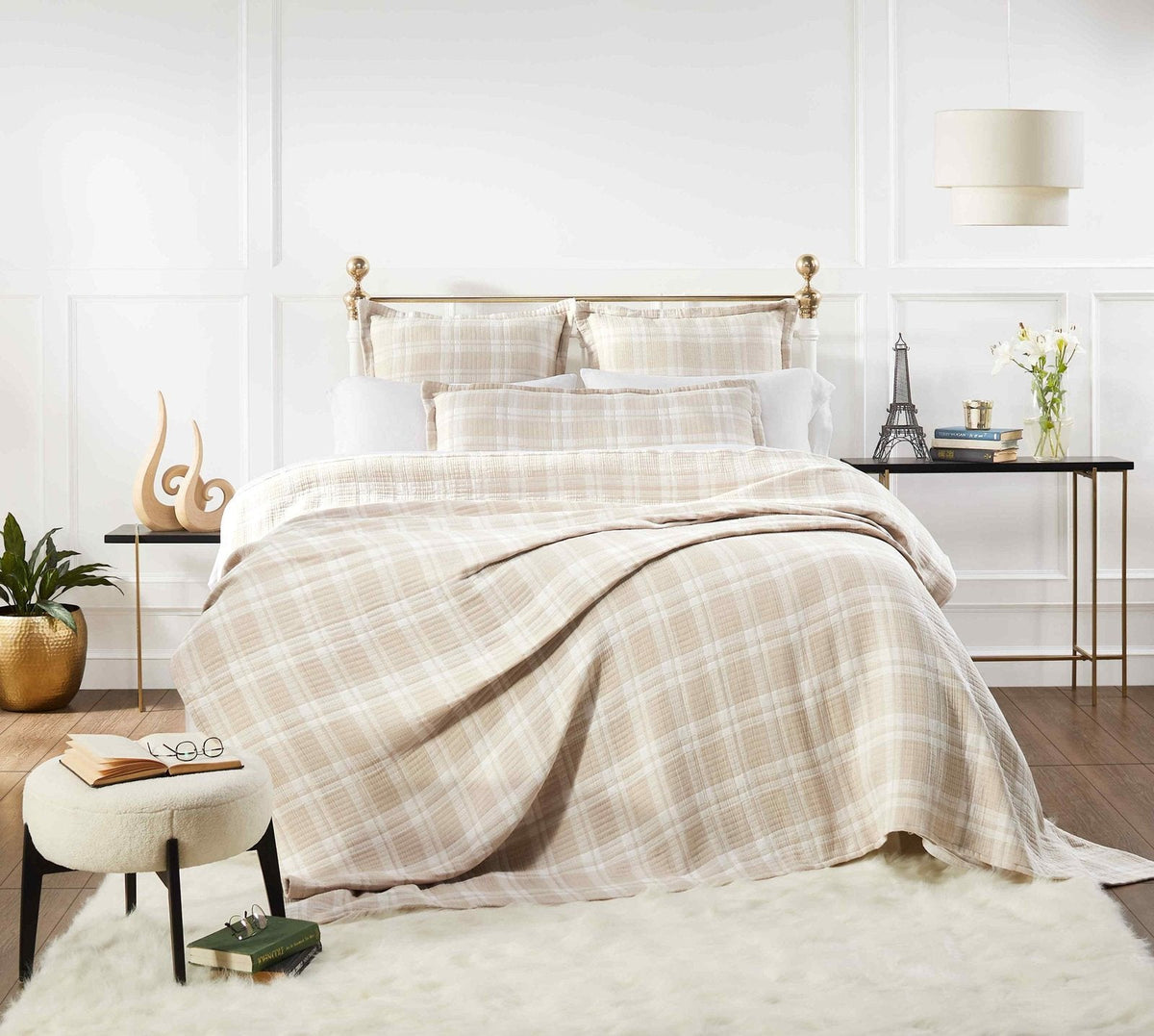 BT-118-11096_4|Soft beige and white plaid patterned cotton quilt blanket draped elegantly over a bed, offering warmth and classic style.