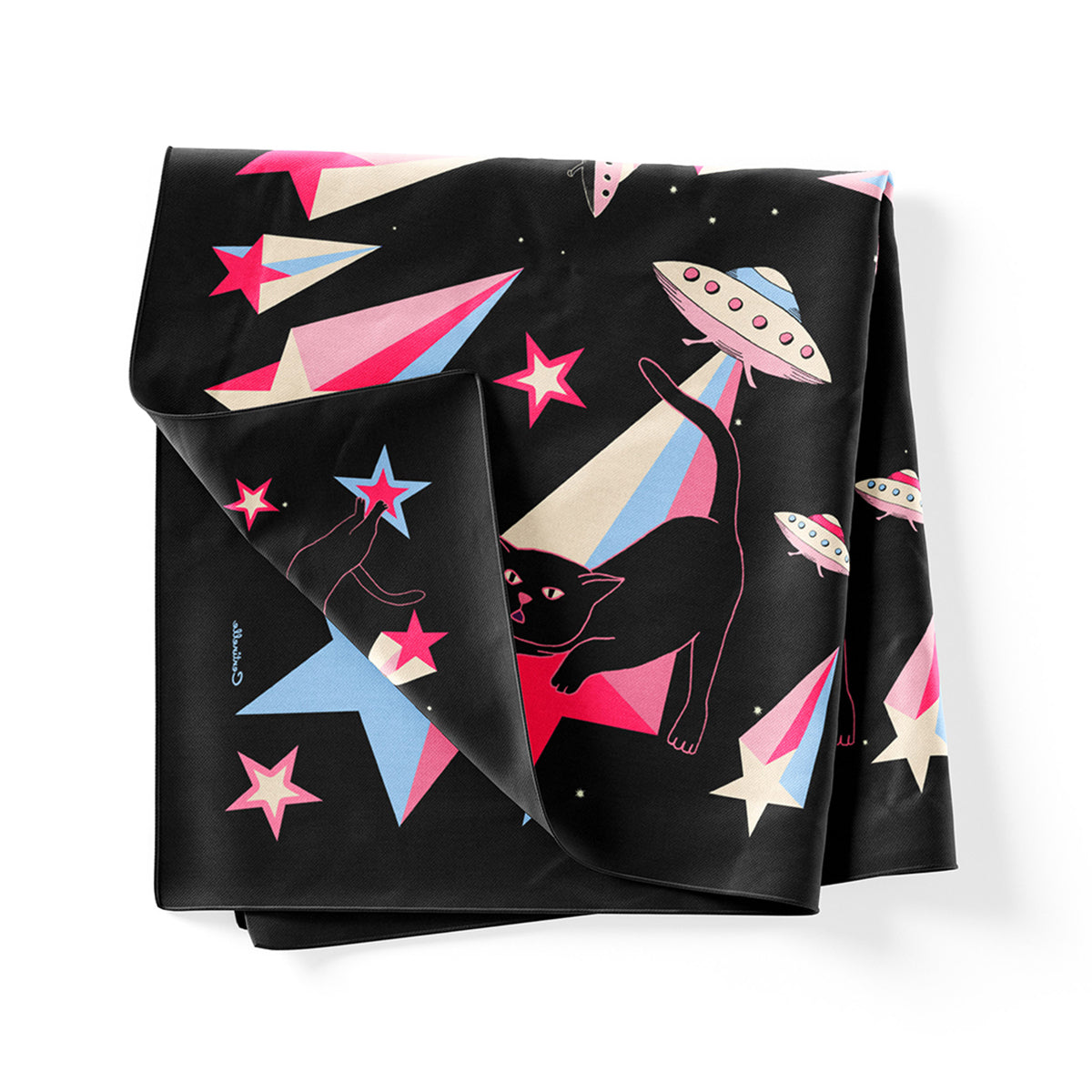 cat abduction Neon stars and black cats on black cotton silk blend bandana with spaceships.