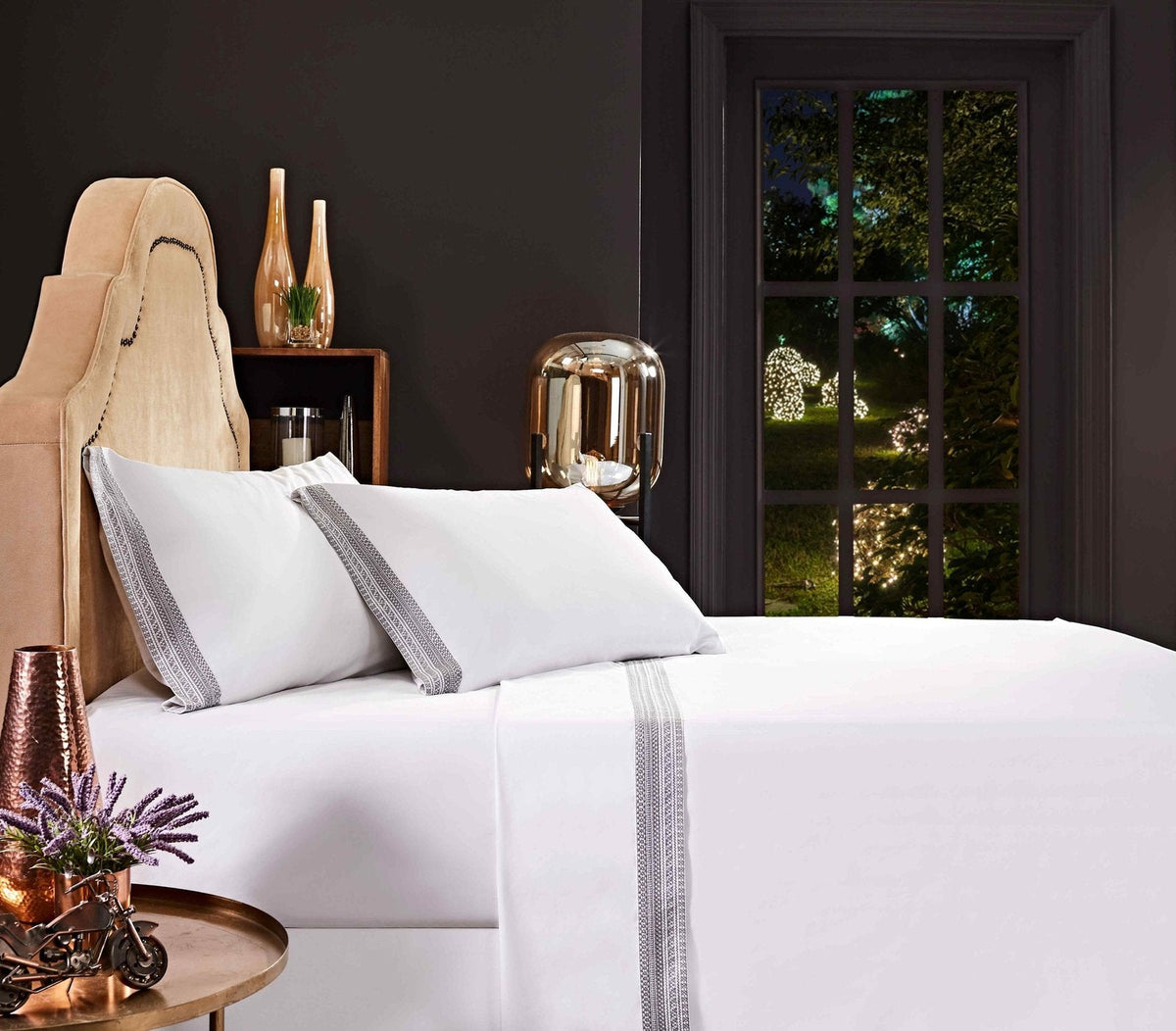 QSS-502-6080_5|White 100% cotton sheets with elegant decorative trim, draped neatly on a bed, offering soft, breathable comfort.
