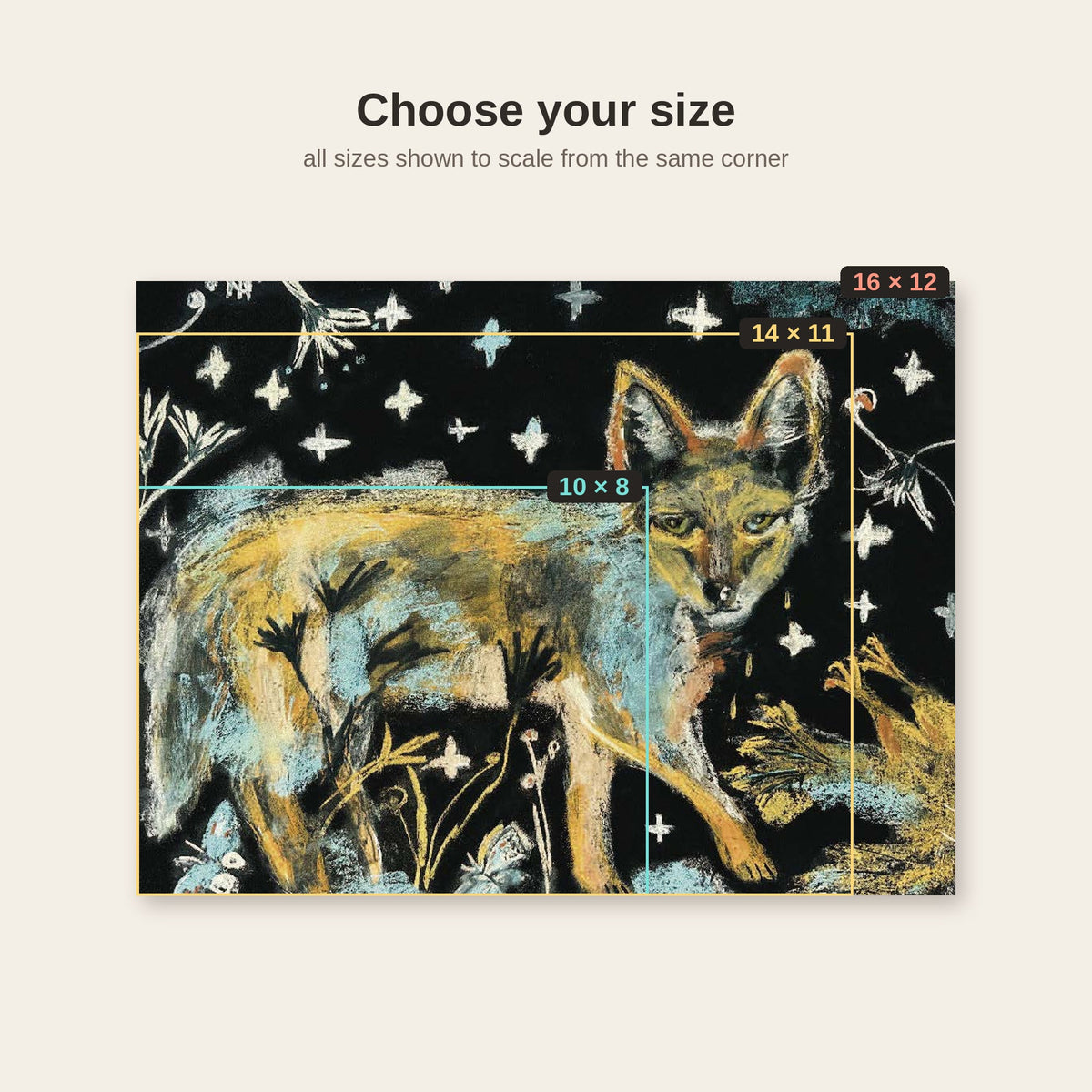 Choose your size: Nighttime Coyote and Chicken art print available in 8×10, 11×14 and 12×16