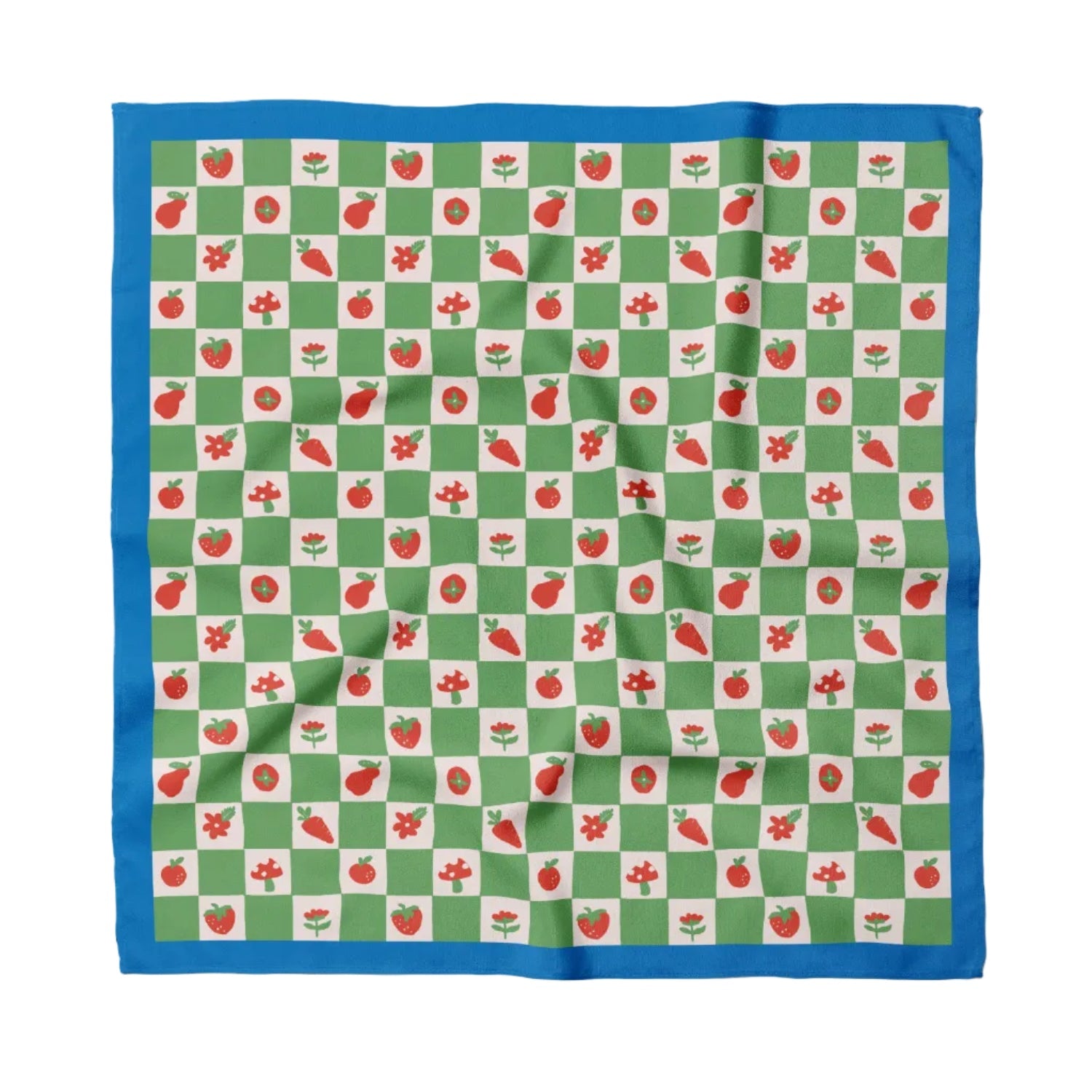 Checkered bandana with orange color fruits, tomato, carrot, orange, mushroom strawberry and white pattern on a green background 