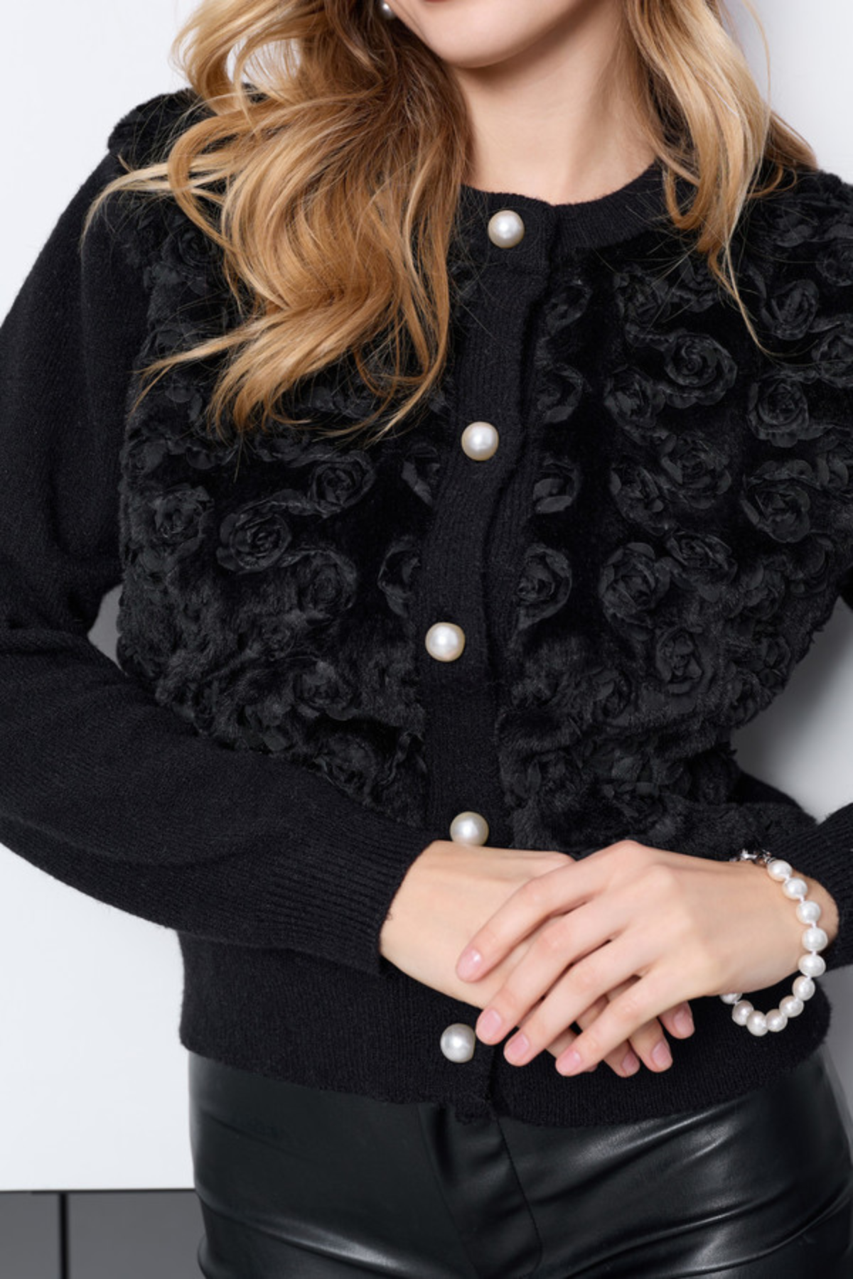 Floral Velour Button Cardigan - Black