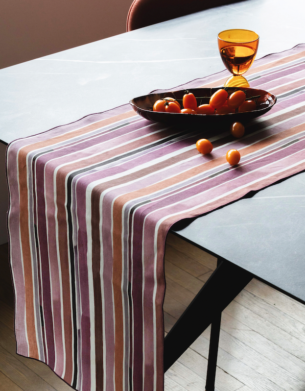 Lisbon Stripe linen table runner 16x90 hand-painted in pink plum maroon brown and rust - Goldie Home