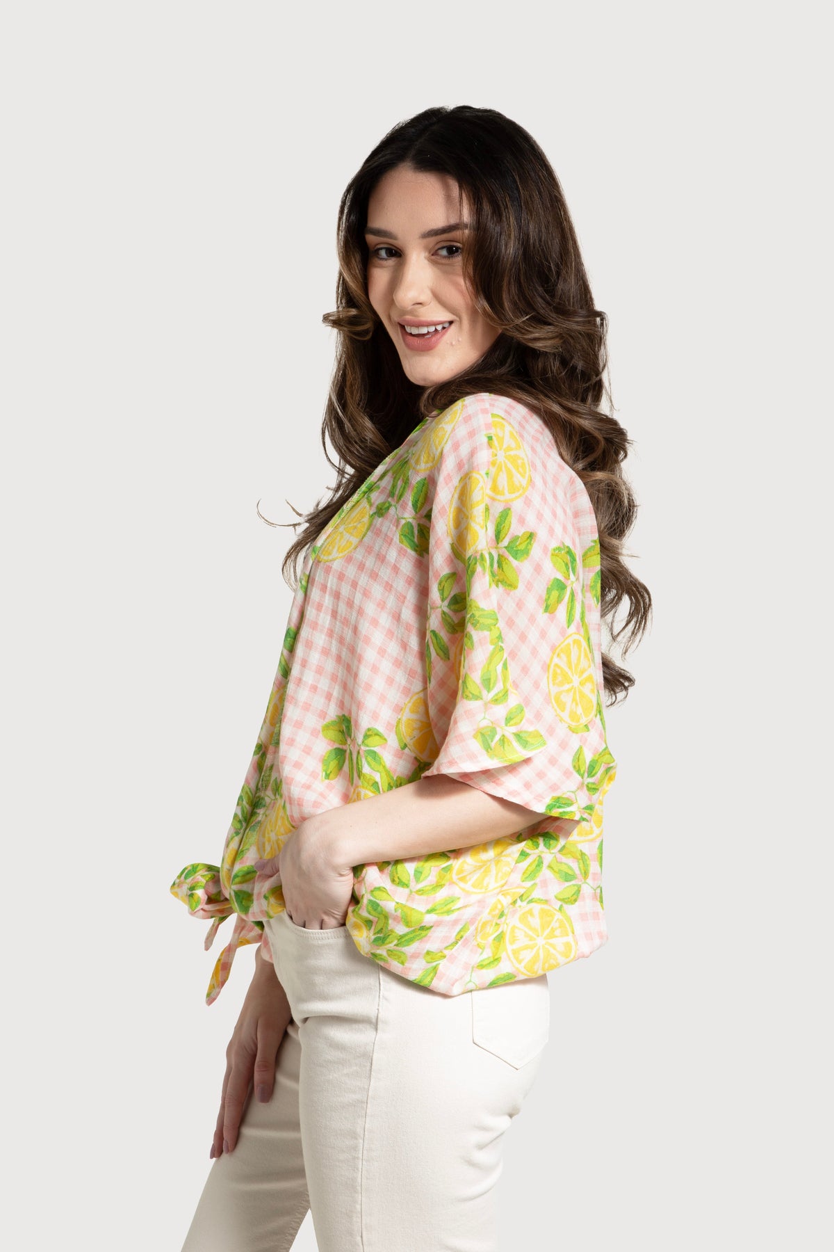 Short Tie Front Kimono Citrus Gingham - Pink