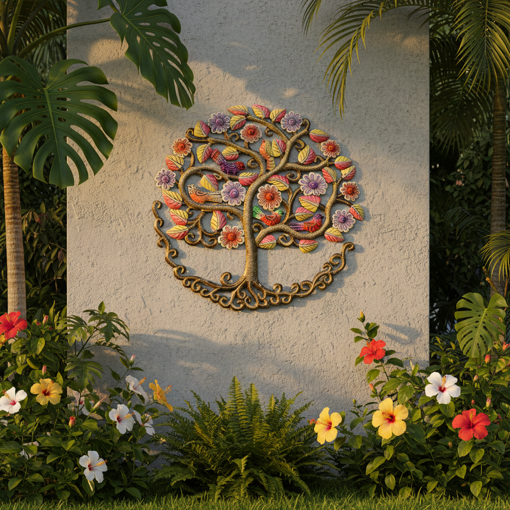 Painted Admiring Tree Haitian metal art outdoor garden wall decor - RND05122