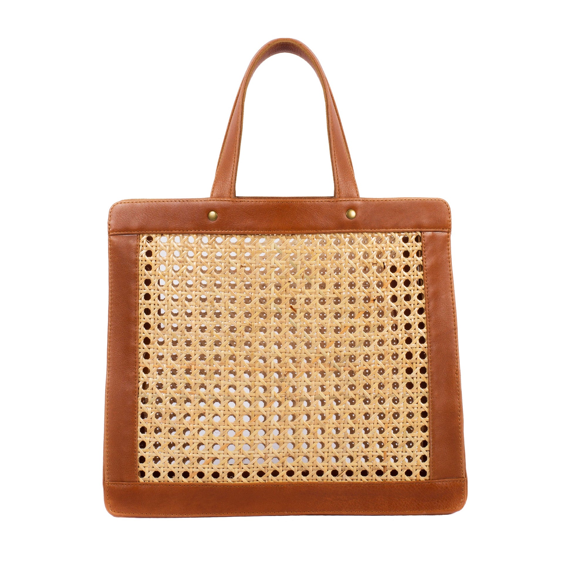 Mesh Leather Trim Rattan Cane Leather Tote Shoulder Bag 