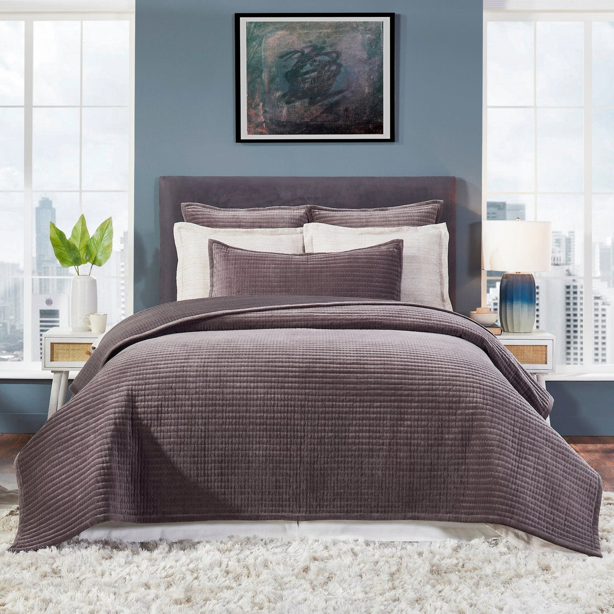 CL-186-9496_2|Close-up of plum quilted coverlet texture with subtle dot pattern, highlighting soft fabric and elegant stitching detail.