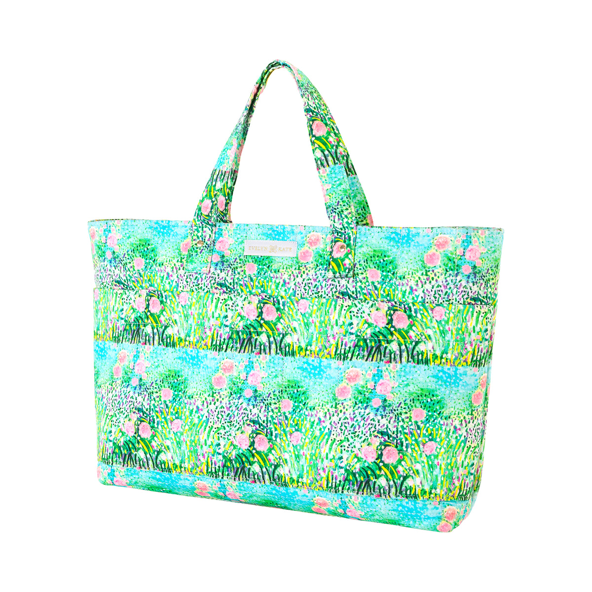 Pink Roses on Green Quilted Tote Bag