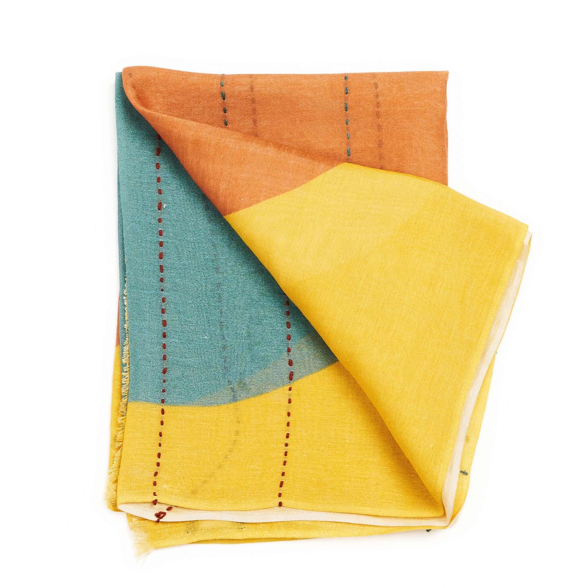 Cirq Sun Yellow Green Circle Pattern Hand Embroidered  Linen Silk Handloom Scarf showcasing vibrant colors and patterns.