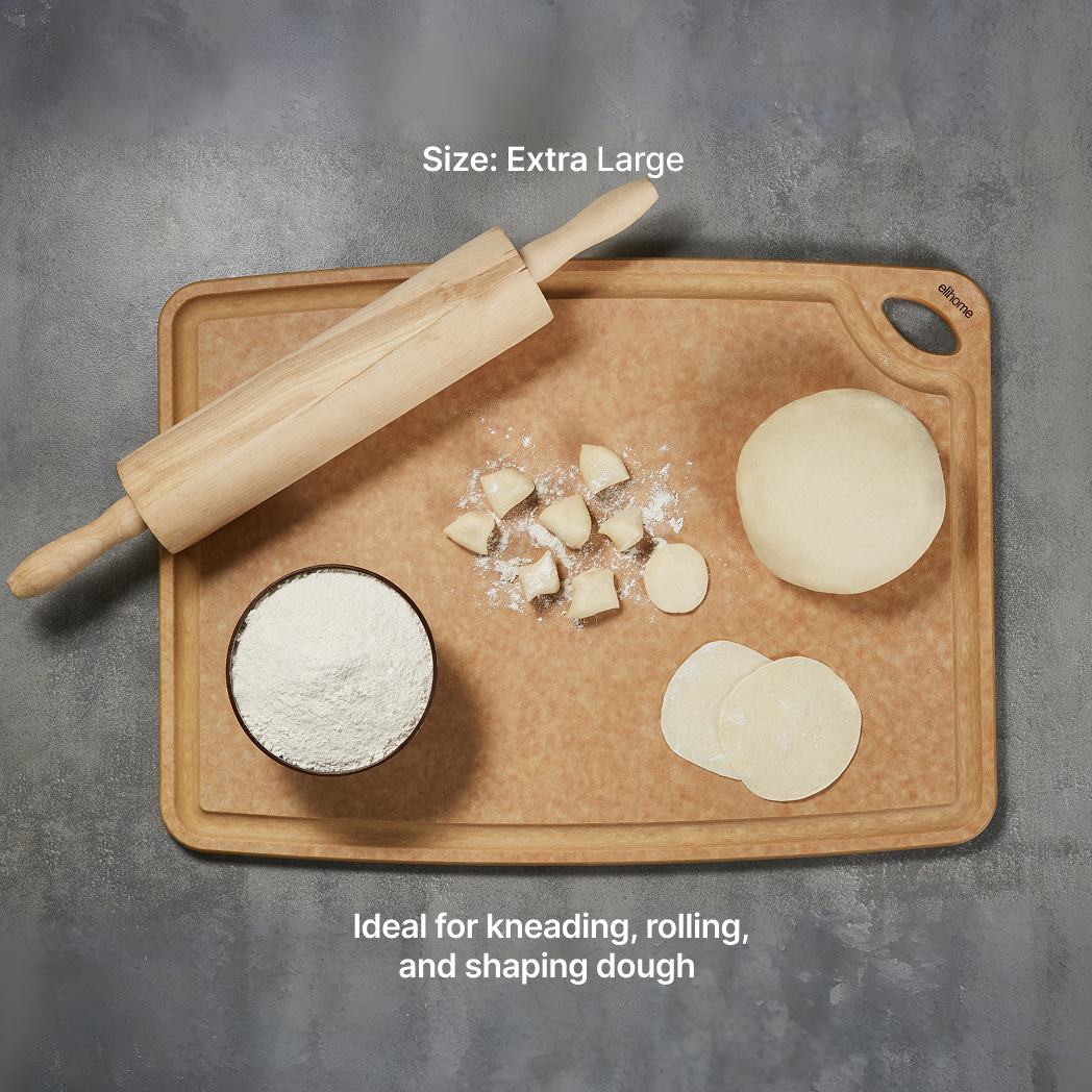 Elihome Classic Series 4 Piece Cutting Board Set (S+M+L+XL) - Extra Large board in use on kitchen countertop