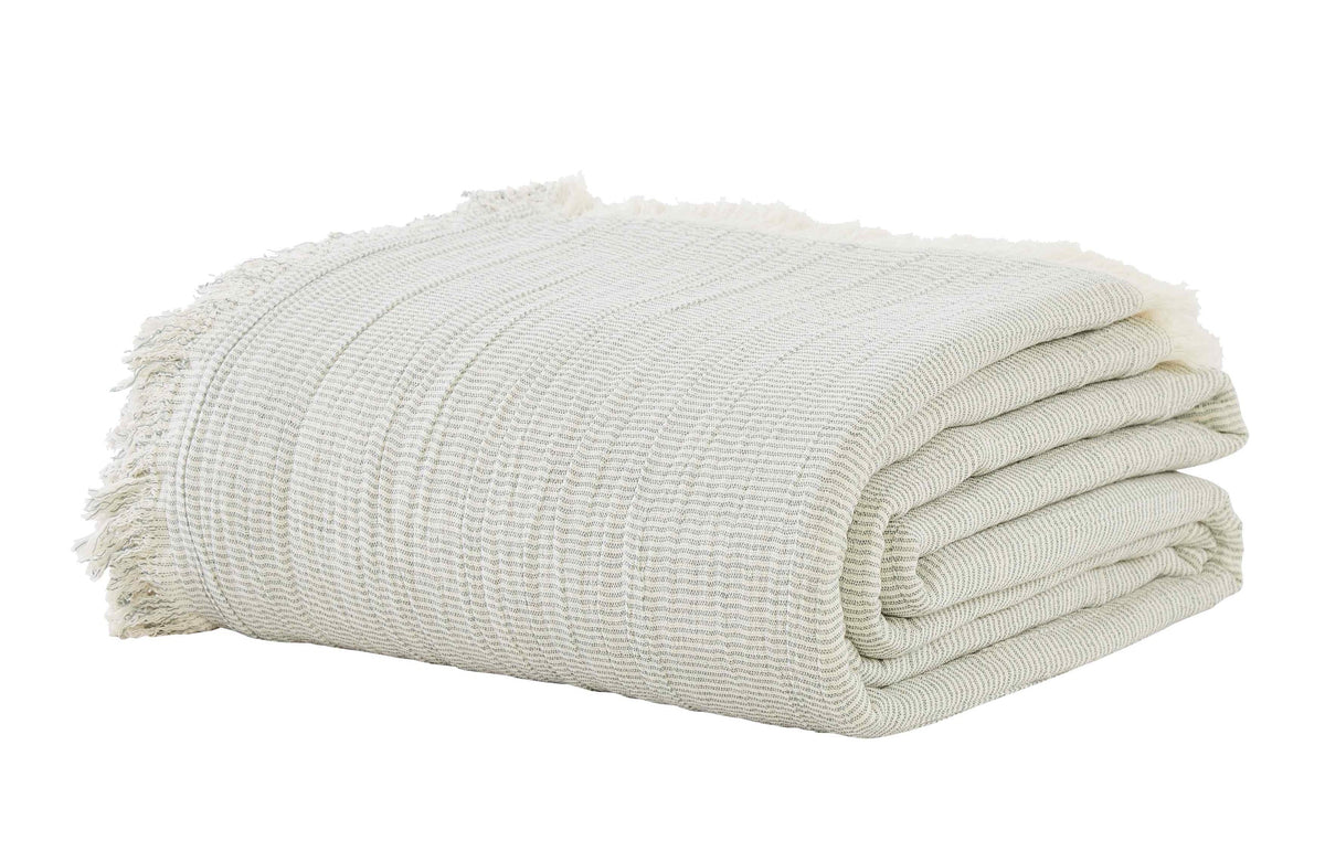 BT-111-9496_3|Folded light sage green and white striped textured blanket with fringed edges, soft and stylish.