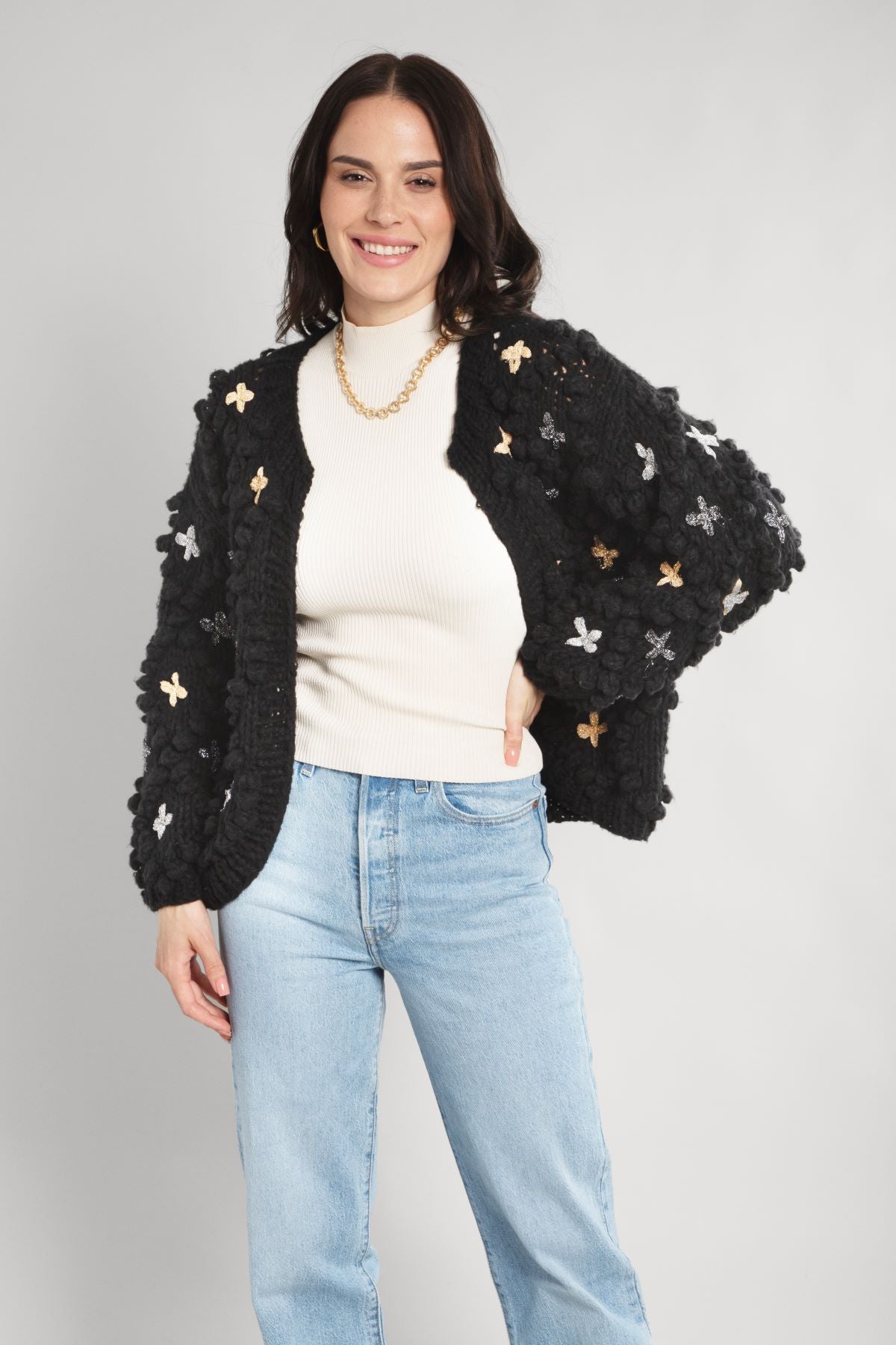 Knitted Cardigan Cross Pom Pom - Black