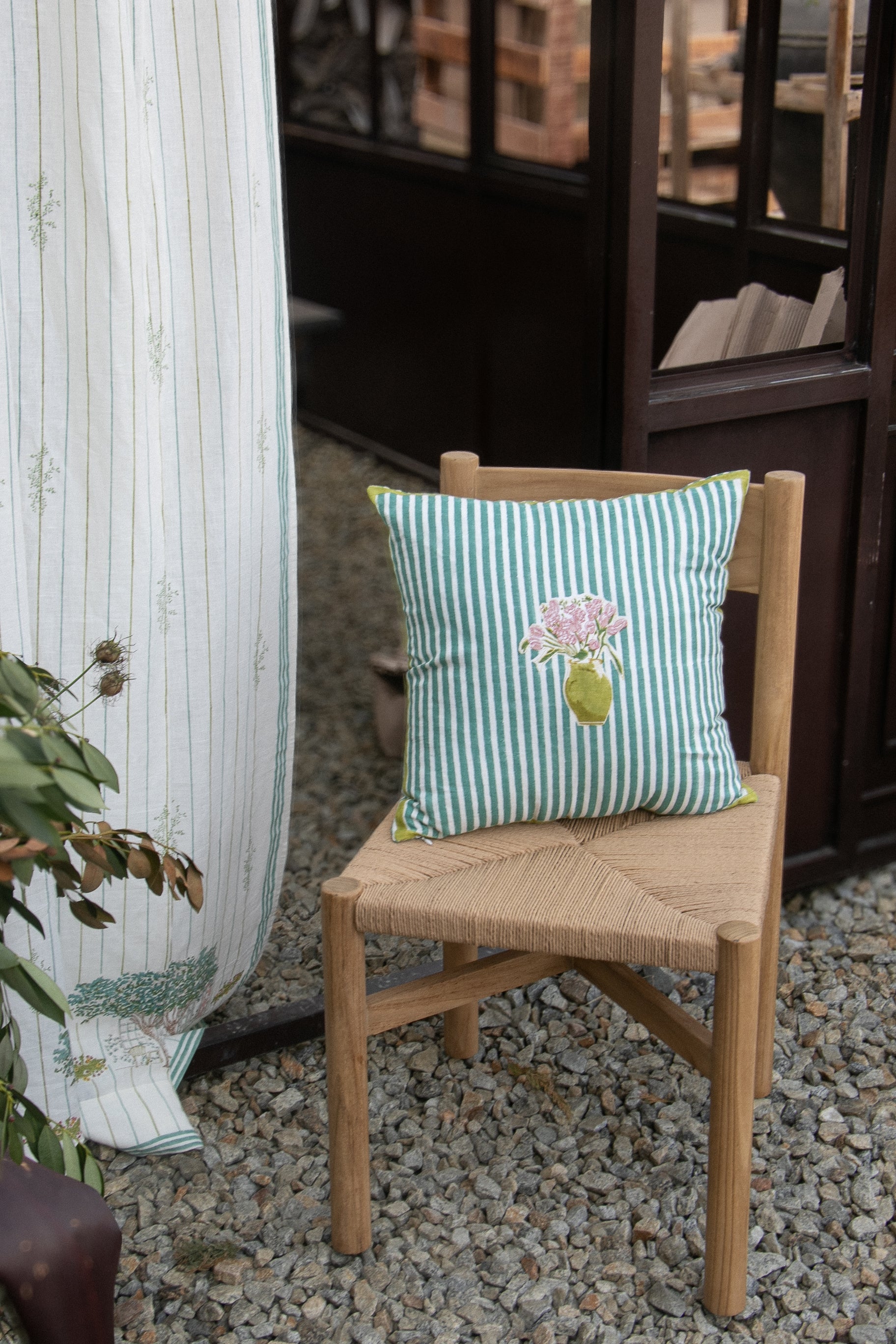 18x18 hand-block printed linen cushion cover with Sea Green stripe 