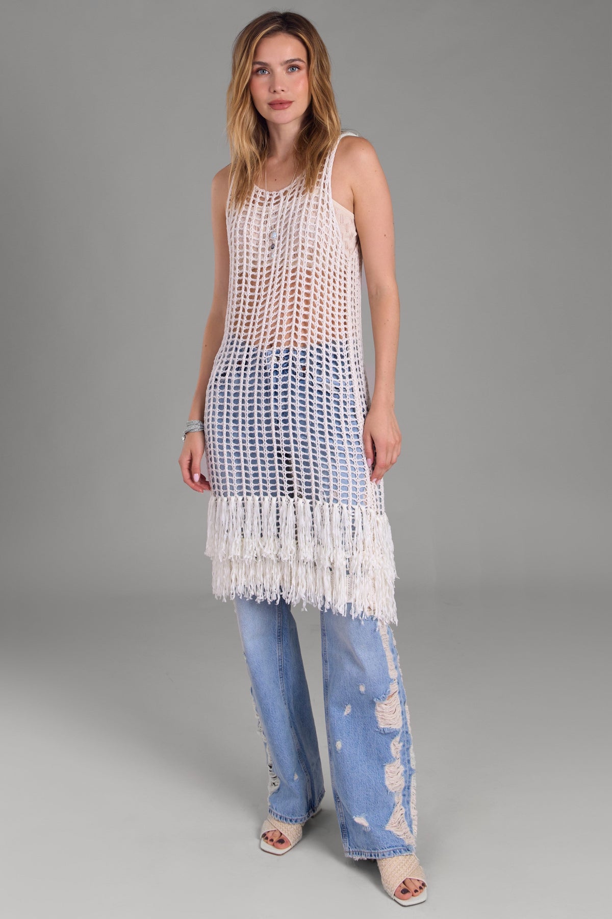 Open Knit Fringe Cover Up Beige