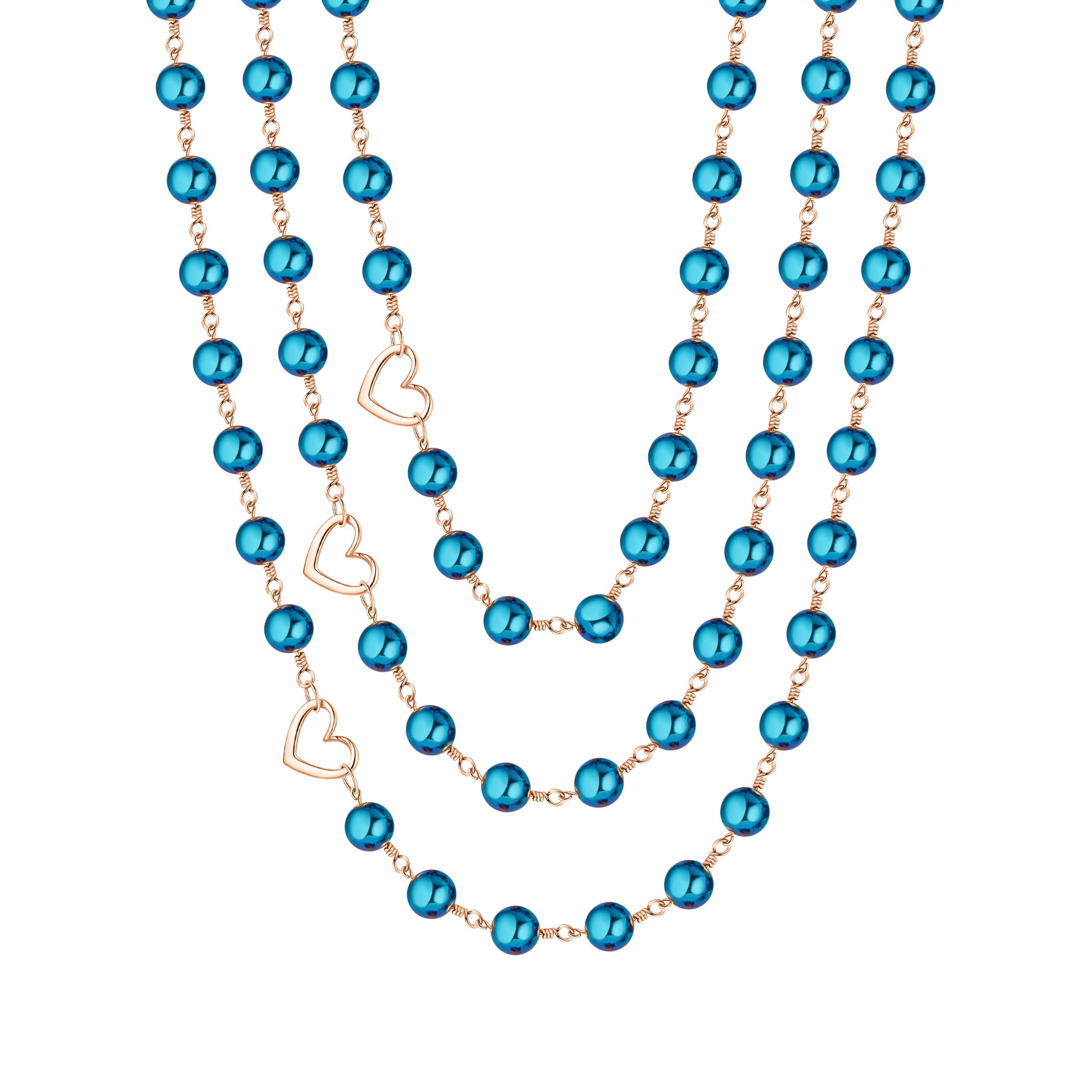 Blue beaded necklace with rose gold chain on a white background
