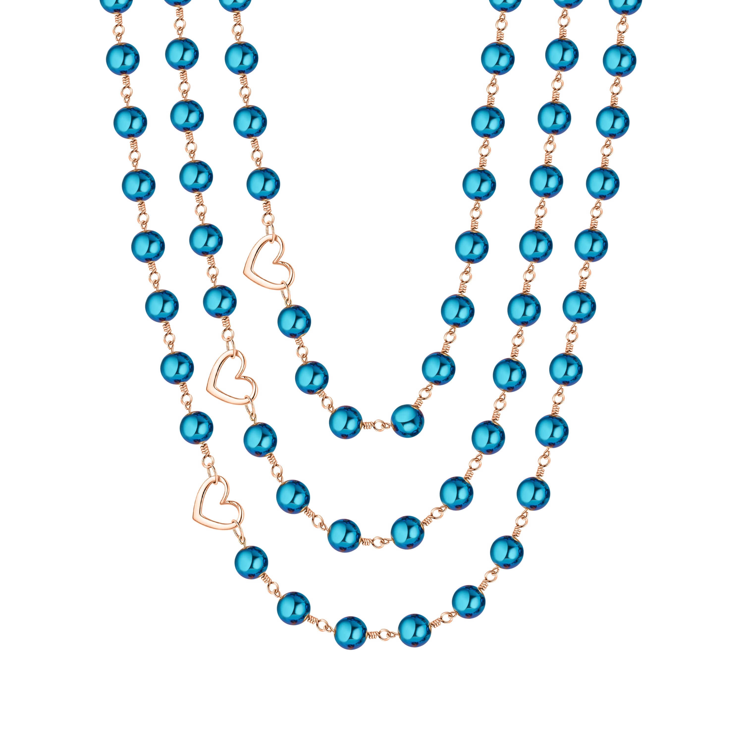 Blue beaded necklace with rose gold chain on a white background