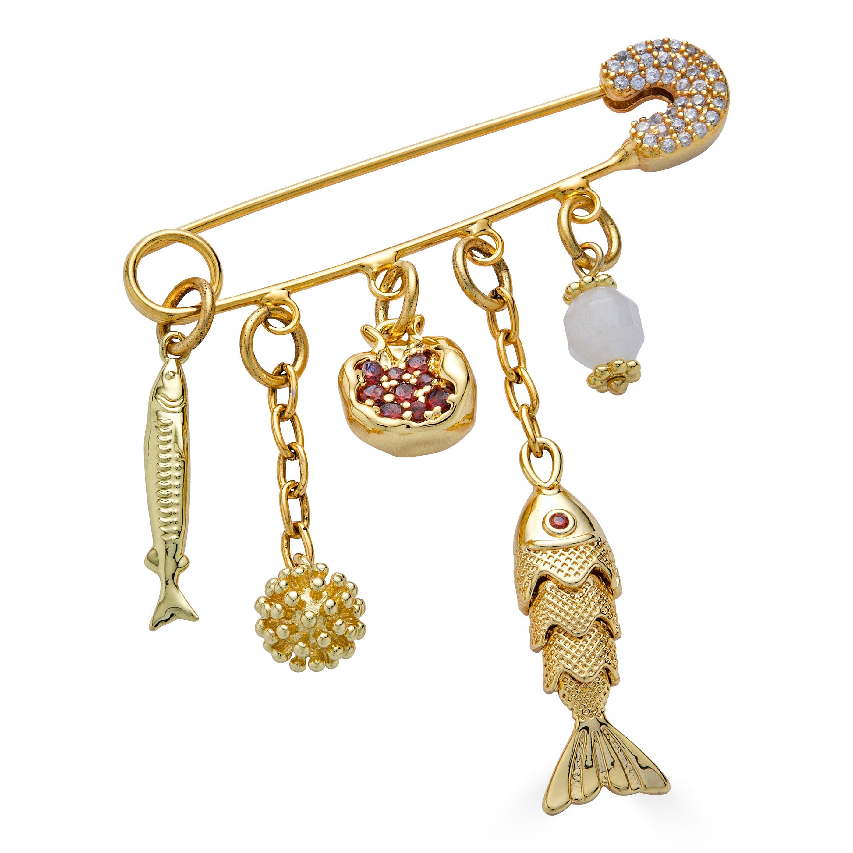 Gold charm brooch with fish charms, pomegranate charm, and dangling textured accents.