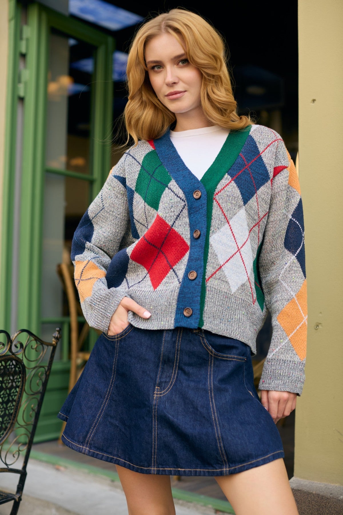 Classic Colorful Argyle Cardi - Grey