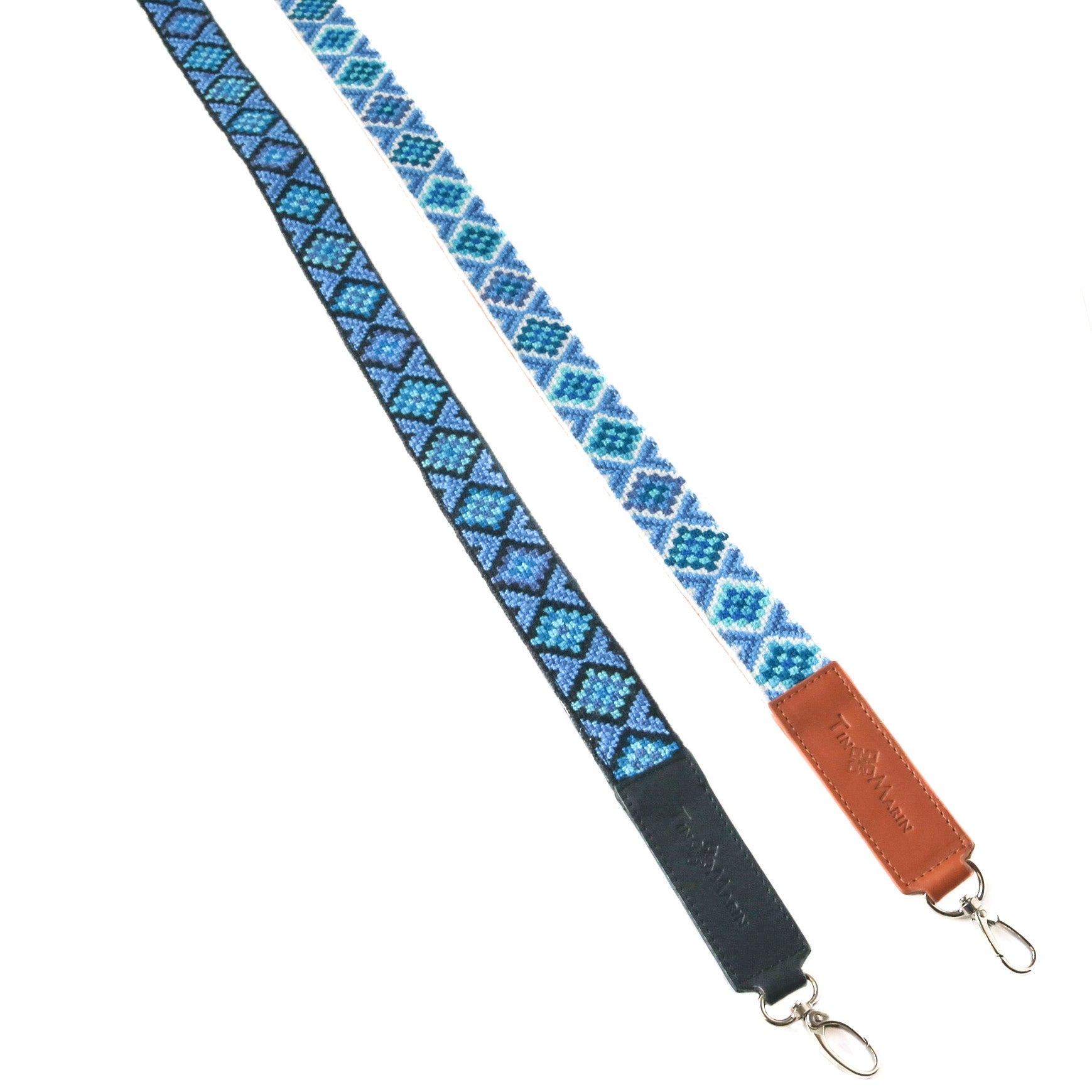Mai Woven Bag Strap - Blue, green, and black crossbody woven hand embroidered cross stitch bag strap - Tin Marin Brand - Crossbody strap bag for women - handwoven bags and straps made by artisan communities