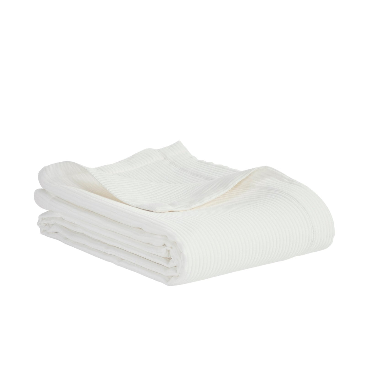 CL-192-9496_7|Soft white ribbed coverlet, folded elegantly. Adds a luxurious and comfortable layer to any contemporary bedroom setting.