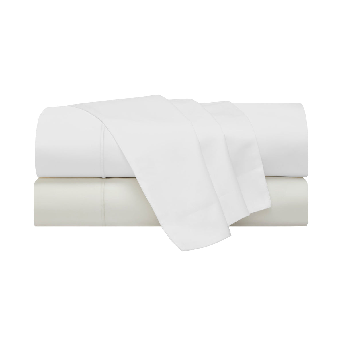 TFL-546-3980_6|Two sets of folded 100% cotton sateen sheets in white and light beige. Luxurious, soft, breathable bedding.