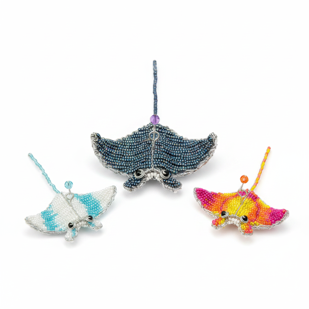 Minimal Manta Ray set of 3 handcrafted beaded figurine on white background