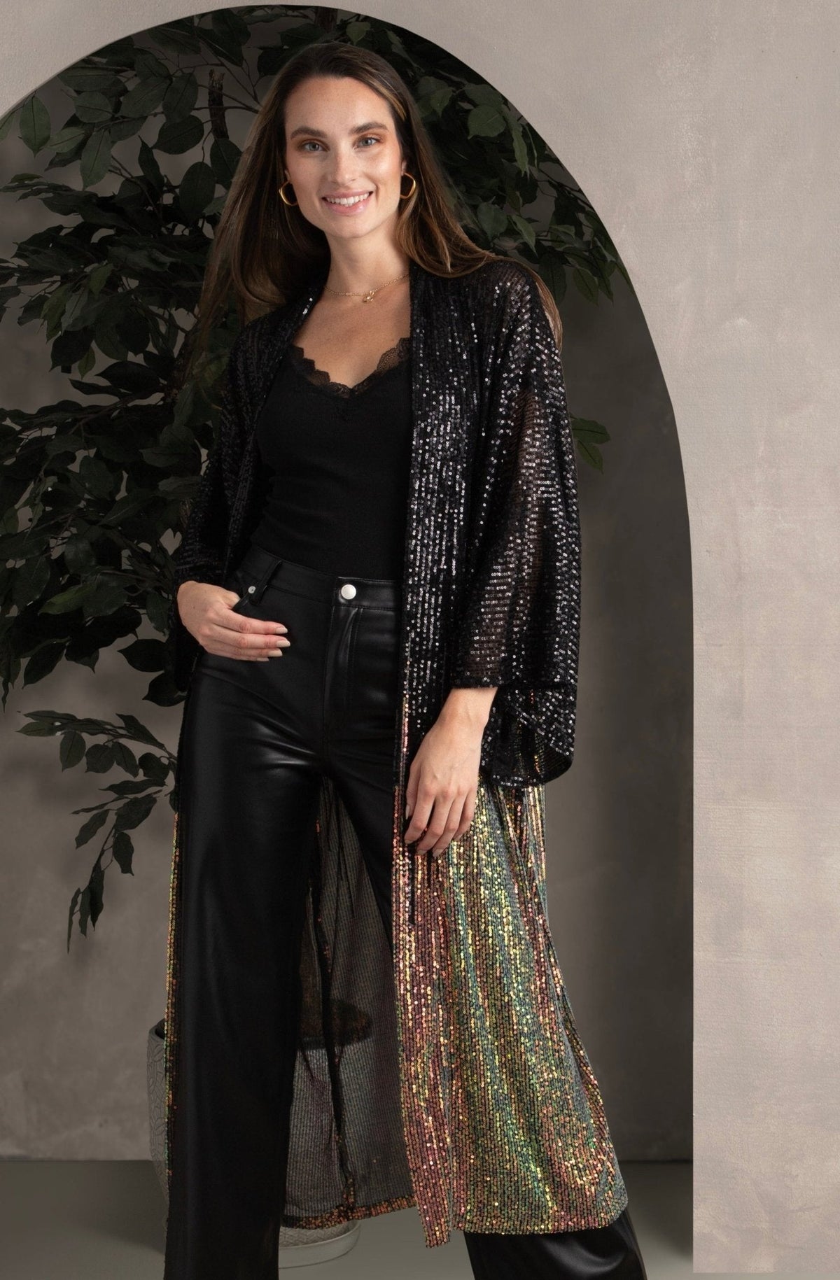 Sequin Kimono Duster Formal - Black