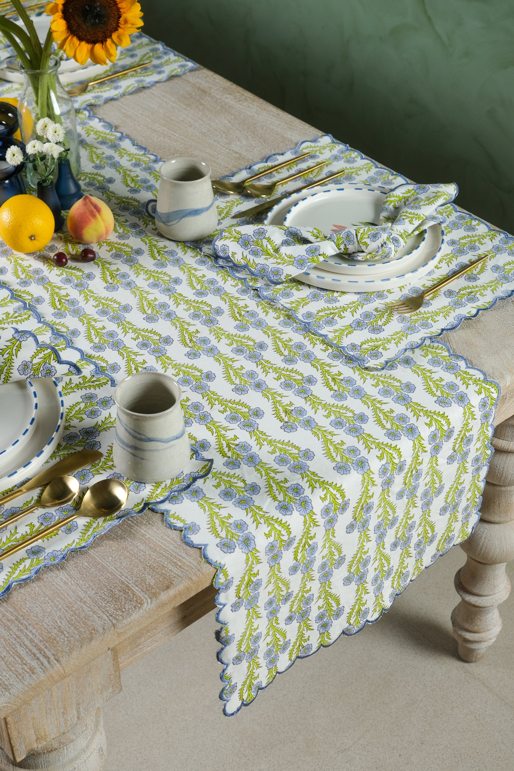 Inner Child blue forget-me-not scallop embroidered blockprint tablerunner with sunflowers