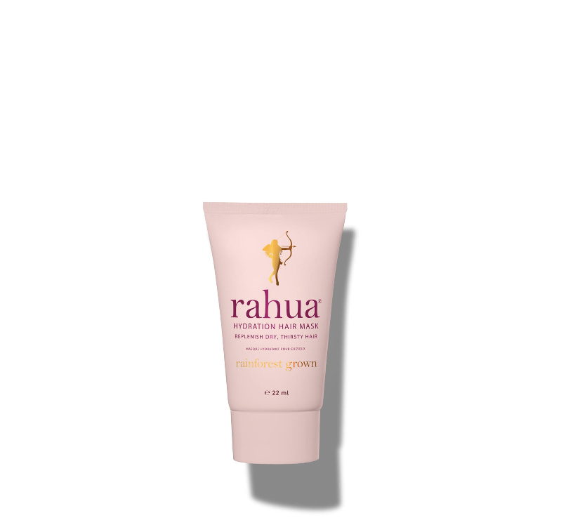 pink tube bottle of hydration hair mask on plain white background 0.74 oz travel friendly size tsa safe compliant|variant:074-oz