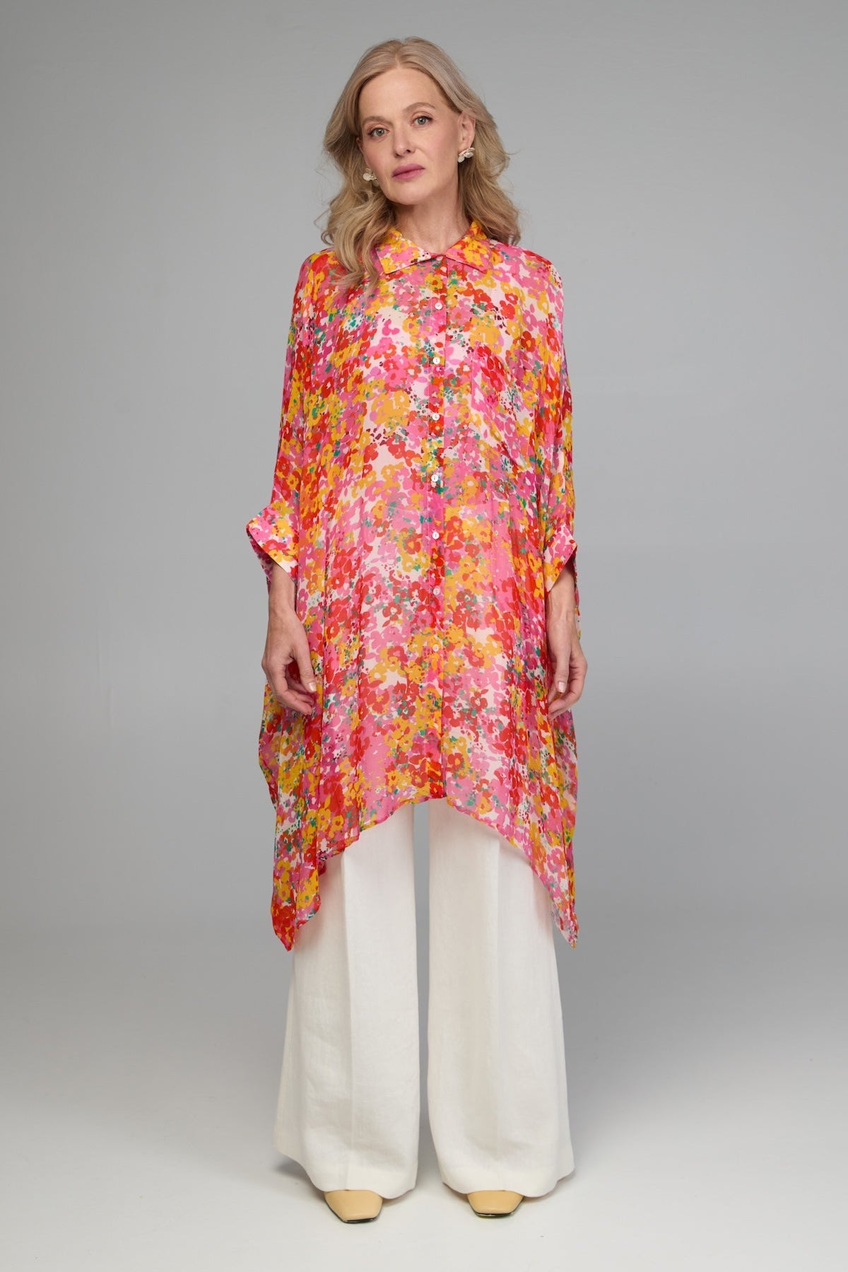 Oversized Colorful Floral Shirt Long - Hot Pink