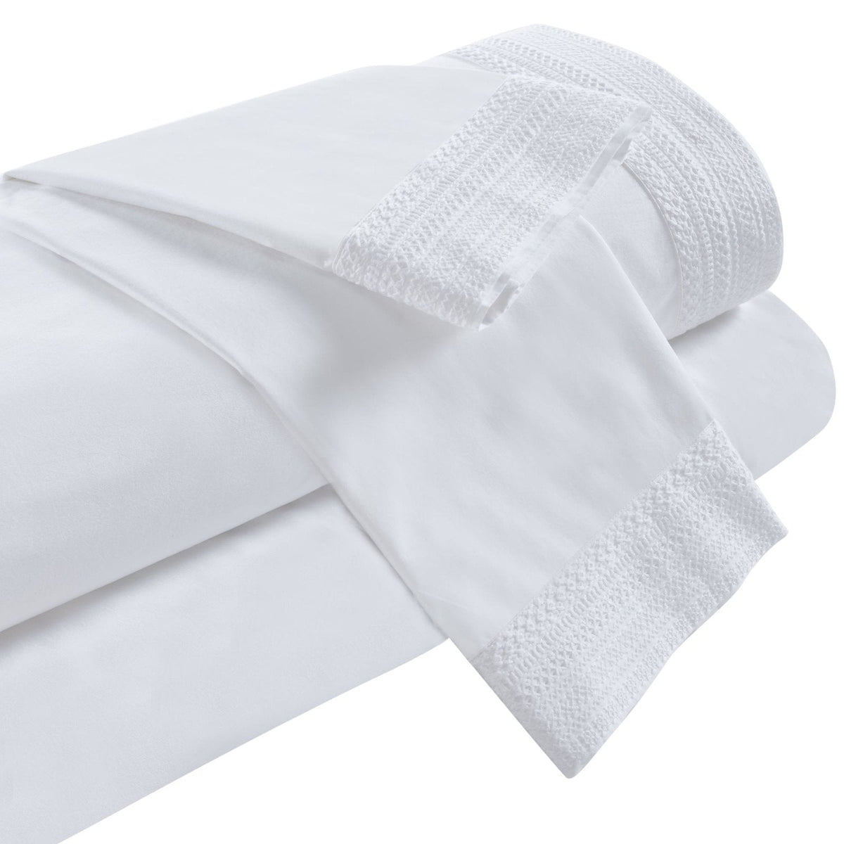 CSS-520-7284_5|Beautifully folded white 100% cotton sheets featuring a charming, intricate crocheted lace border design.