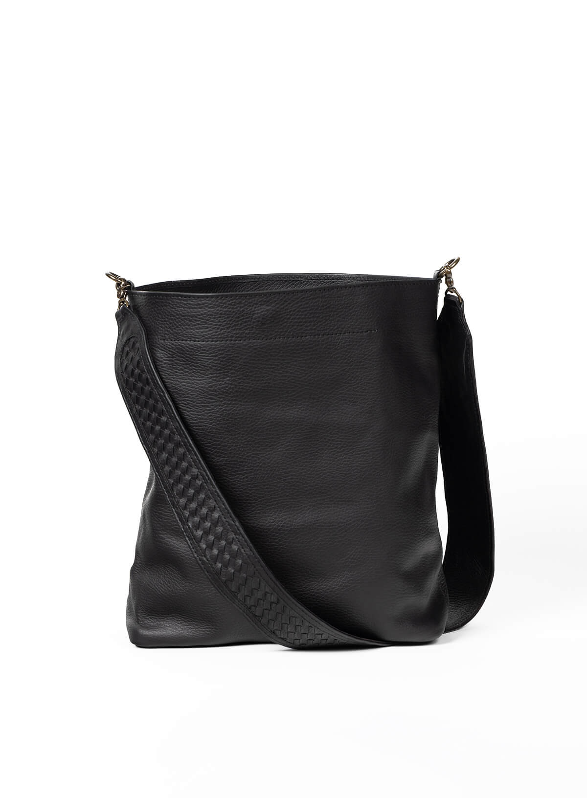 sarah shoulder bag in black and mahogany held by models.