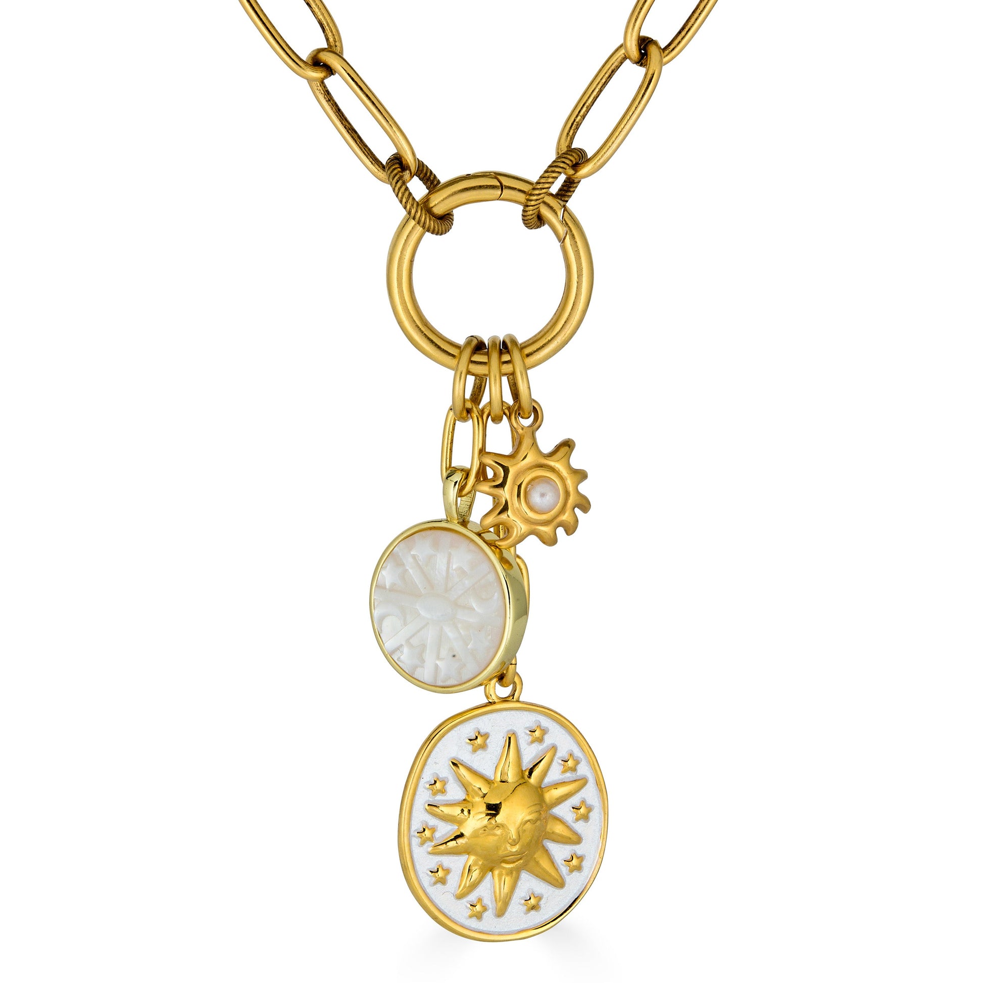 Gold paperclip chain necklace with enamel celestial charms, mother-of-pearl detail, and a sun medallion pendant.