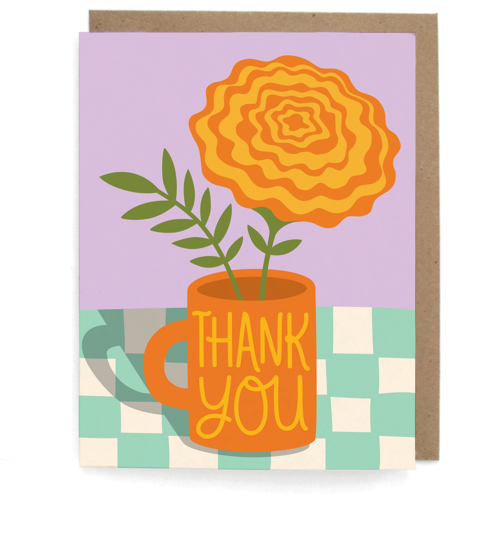 Card that pictures a marigold in a mug that says "Thank you" on a checkboard table, with a brown envelope