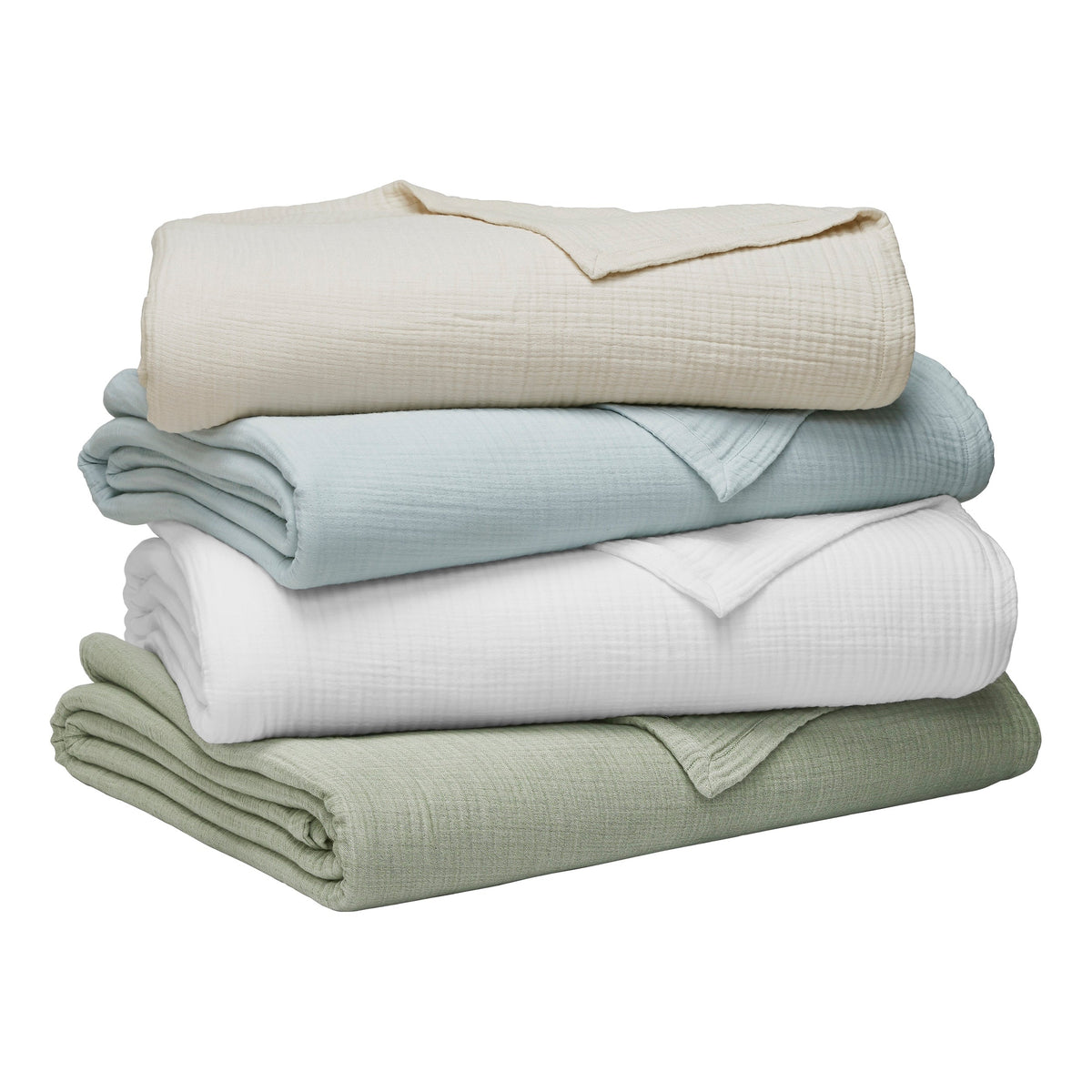 BL-863-9496_10|Stacked soft gauze blankets in cream, light blue, white, sage green, offering breathable comfort and stylish bedding.