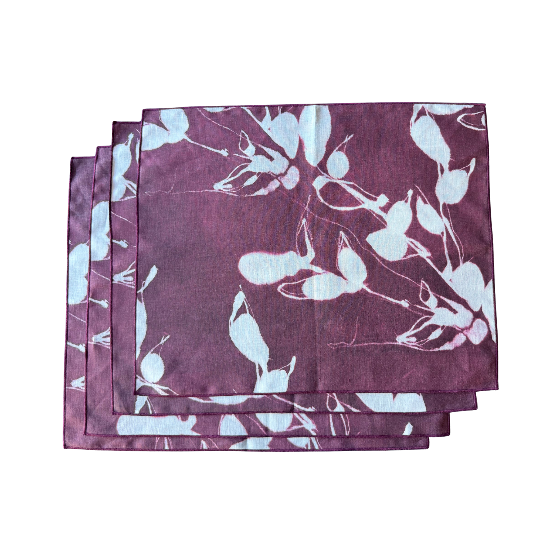 Porto Print Aubergine linen placemat flat lay close up of hand-painted floral detail - Goldie Home