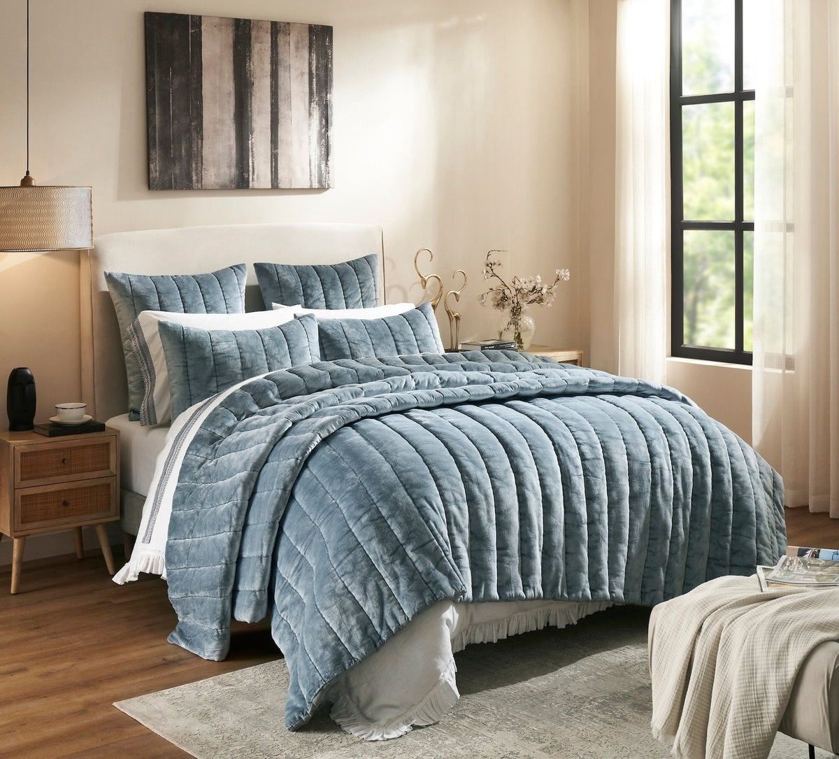 QT-360-11096_2|Luxurious blue velvet quilt with elegant channel stitching for a plush bedroom look. Soft, comfortable, and stylish bedding ensemble.