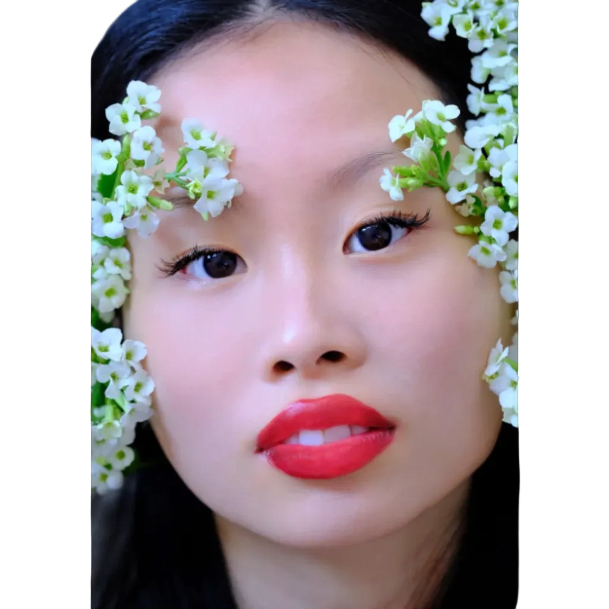 portrait female surrounded by white flowers wearing vegan lipstick makeup colored from vegetables natural red shade from beets